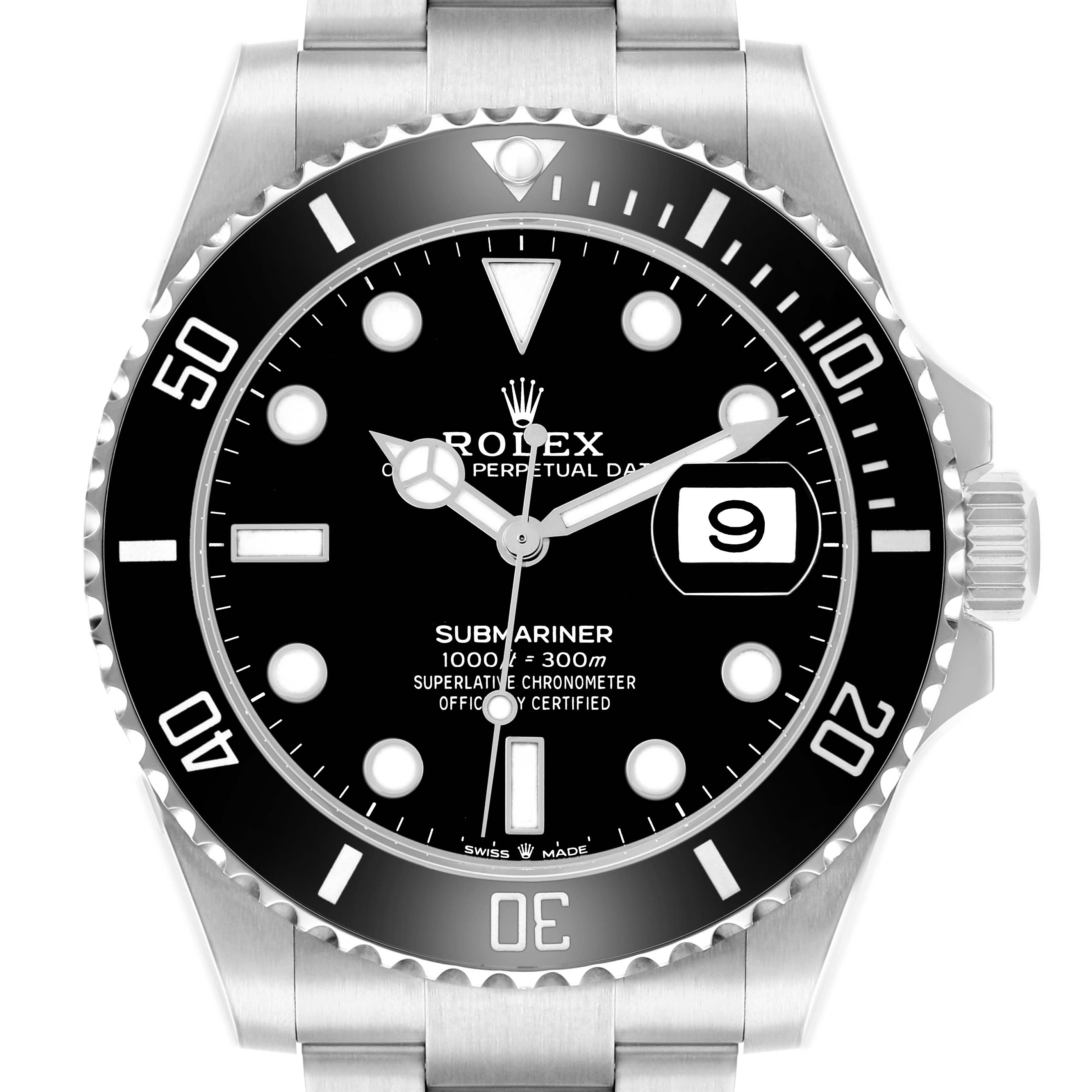 The Rolex Submariner 126610 Men
s Stainless Steel Black Dial watch is shown from a front angle, displaying its black dial, bezel, bracelet, and crown.