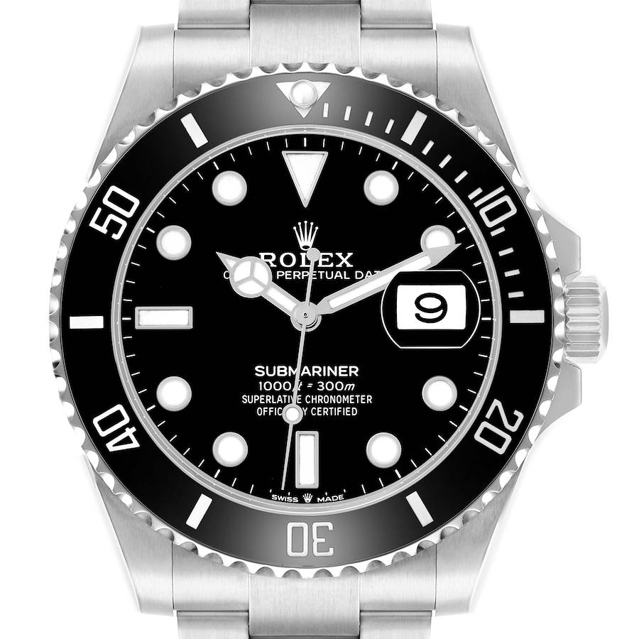 The Rolex Submariner 126610 Men's Stainless Steel Black Dial watch is shown from a front angle, displaying its black dial, bezel, bracelet, and crown.