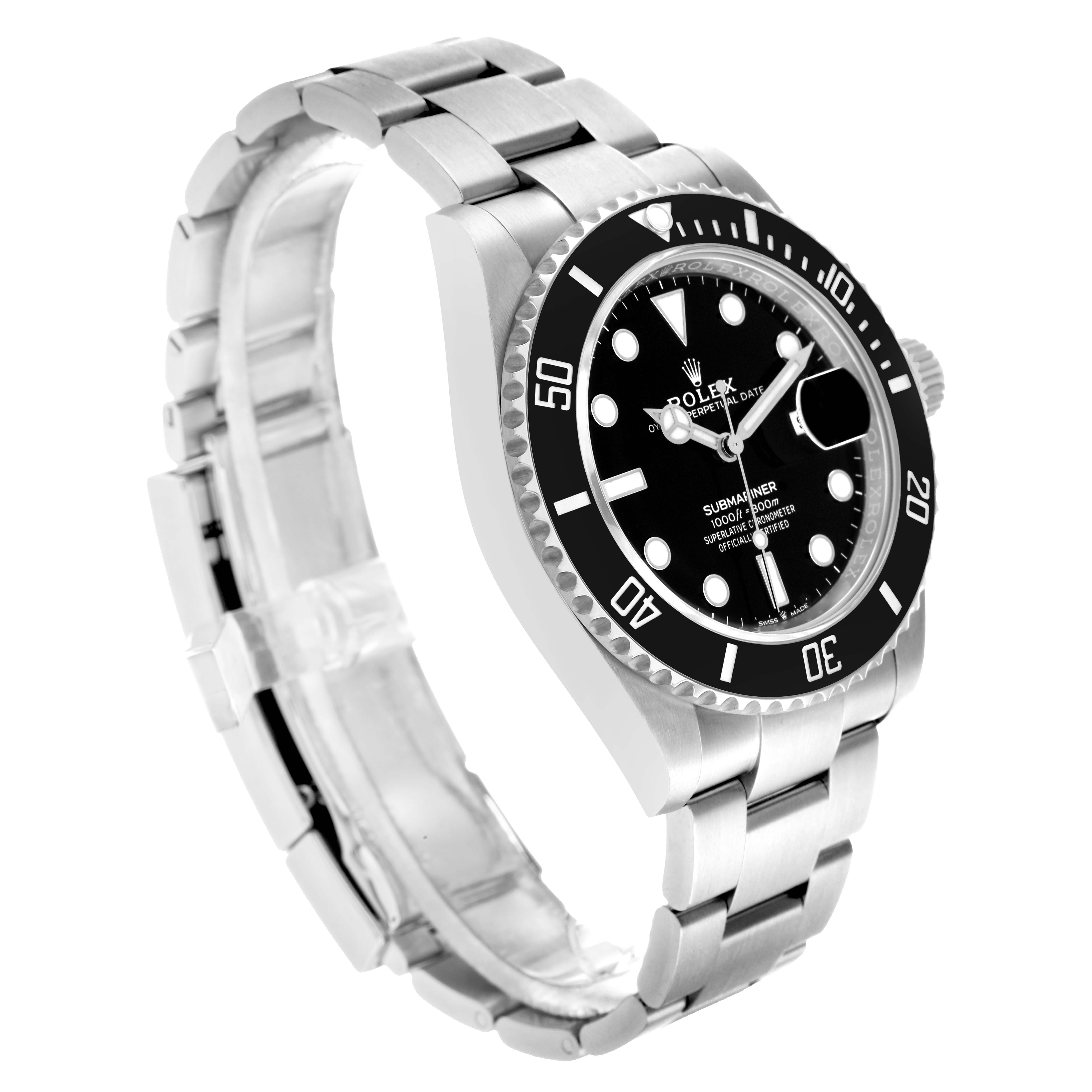 The Rolex Submariner 126610 Men
s Stainless Steel Black Dial watch is shown at a three-quarter angle, displaying its black dial, bezel, and metal bracelet.