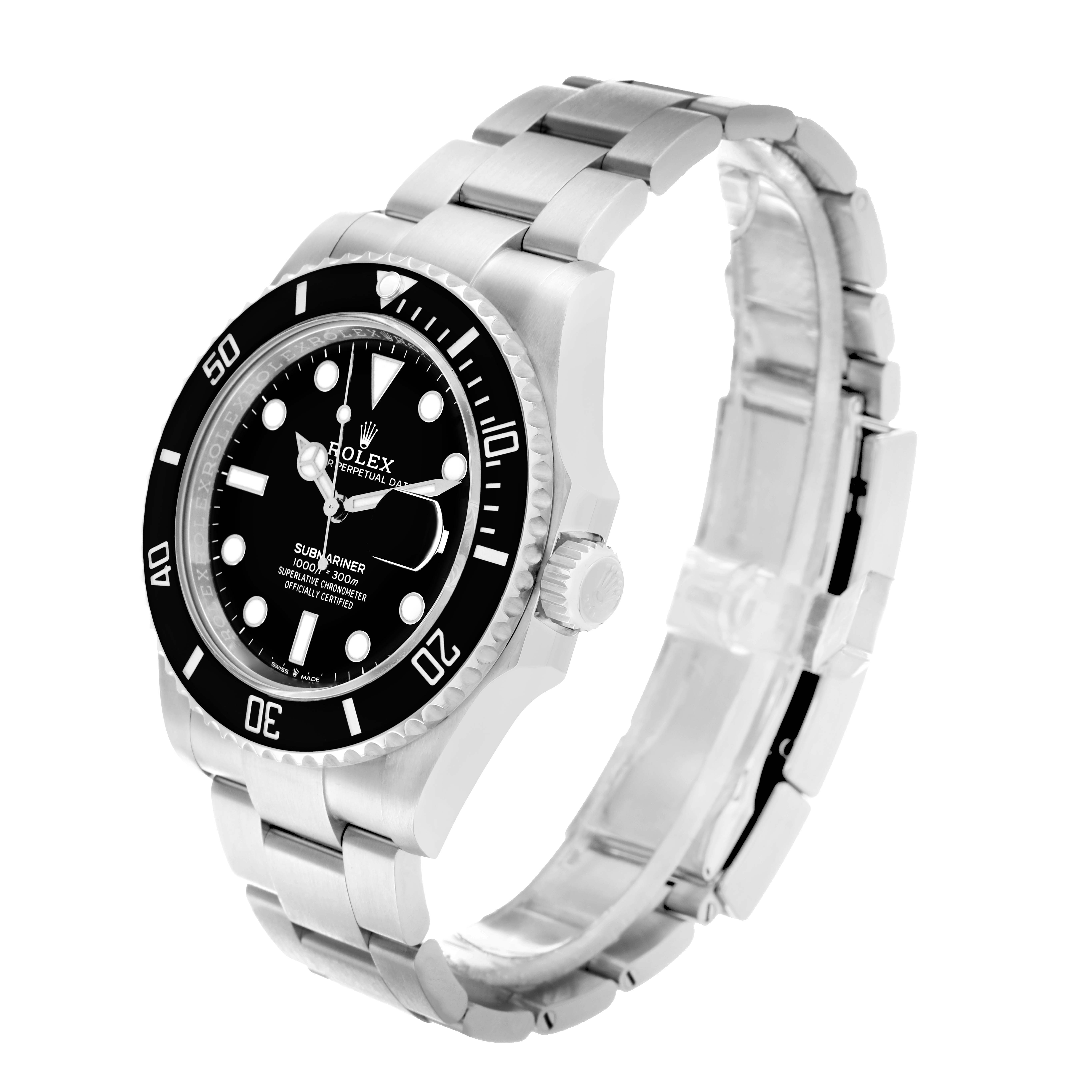 The Rolex Submariner 126610 Men
s Stainless Steel Black Dial is shown at a three-quarter angle, displaying the face, bezel, crown, and bracelet.