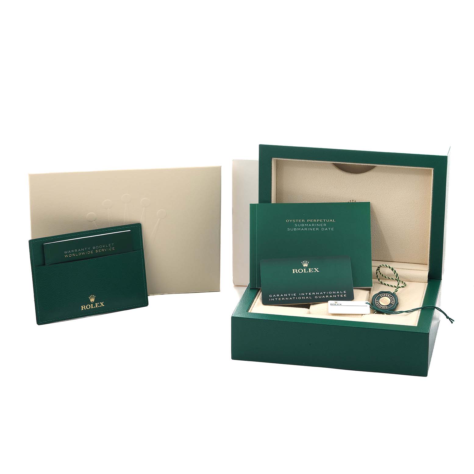 The image shows a Rolex Submariner 126610 Men
s Stainless Steel Black Dial box set with a green box, warranty booklet, tags, and certificates from a front angle.