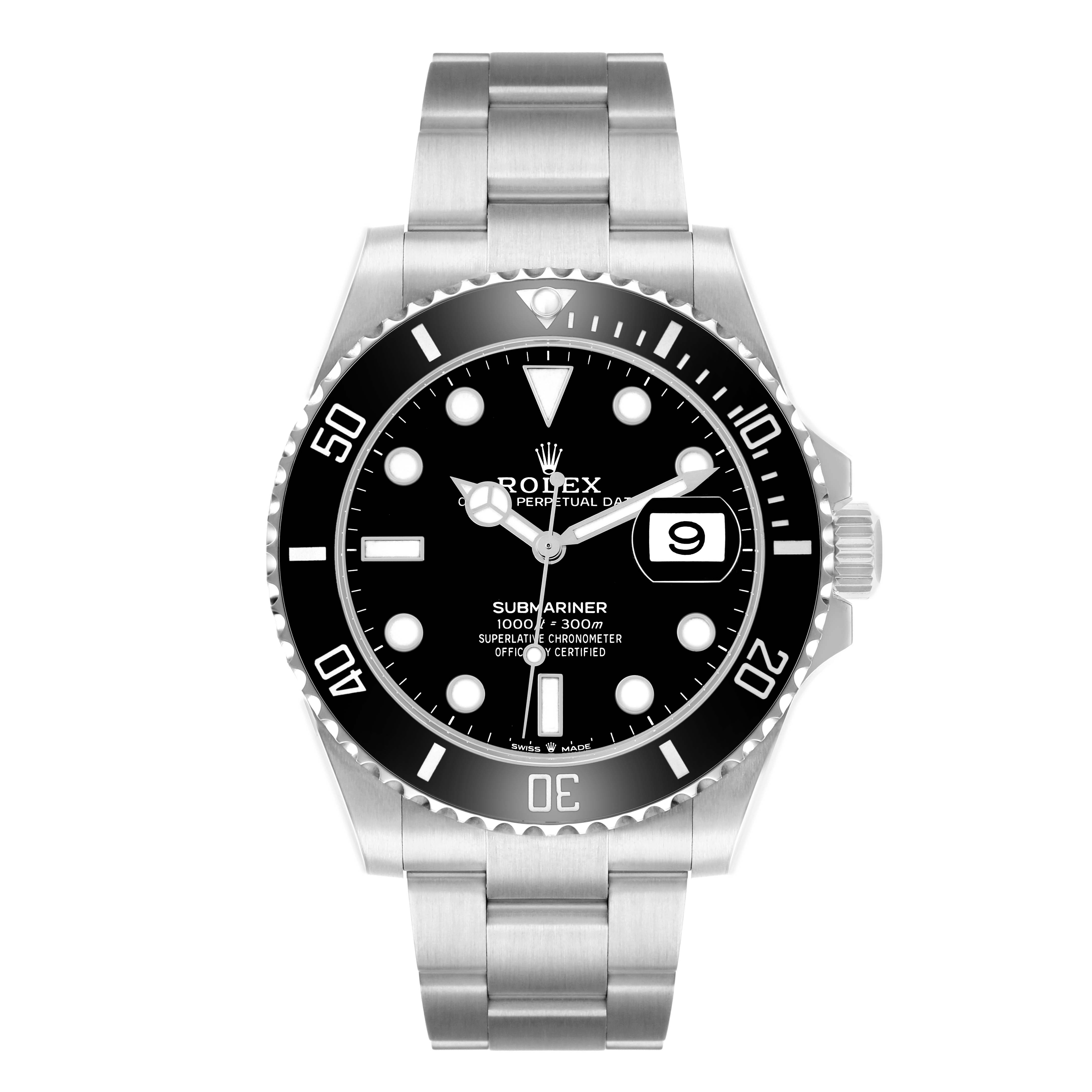 The Rolex Submariner 126610 Men
s Stainless Steel Black Dial watch is shown from a front view, displaying the dial, bezel, and bracelet.