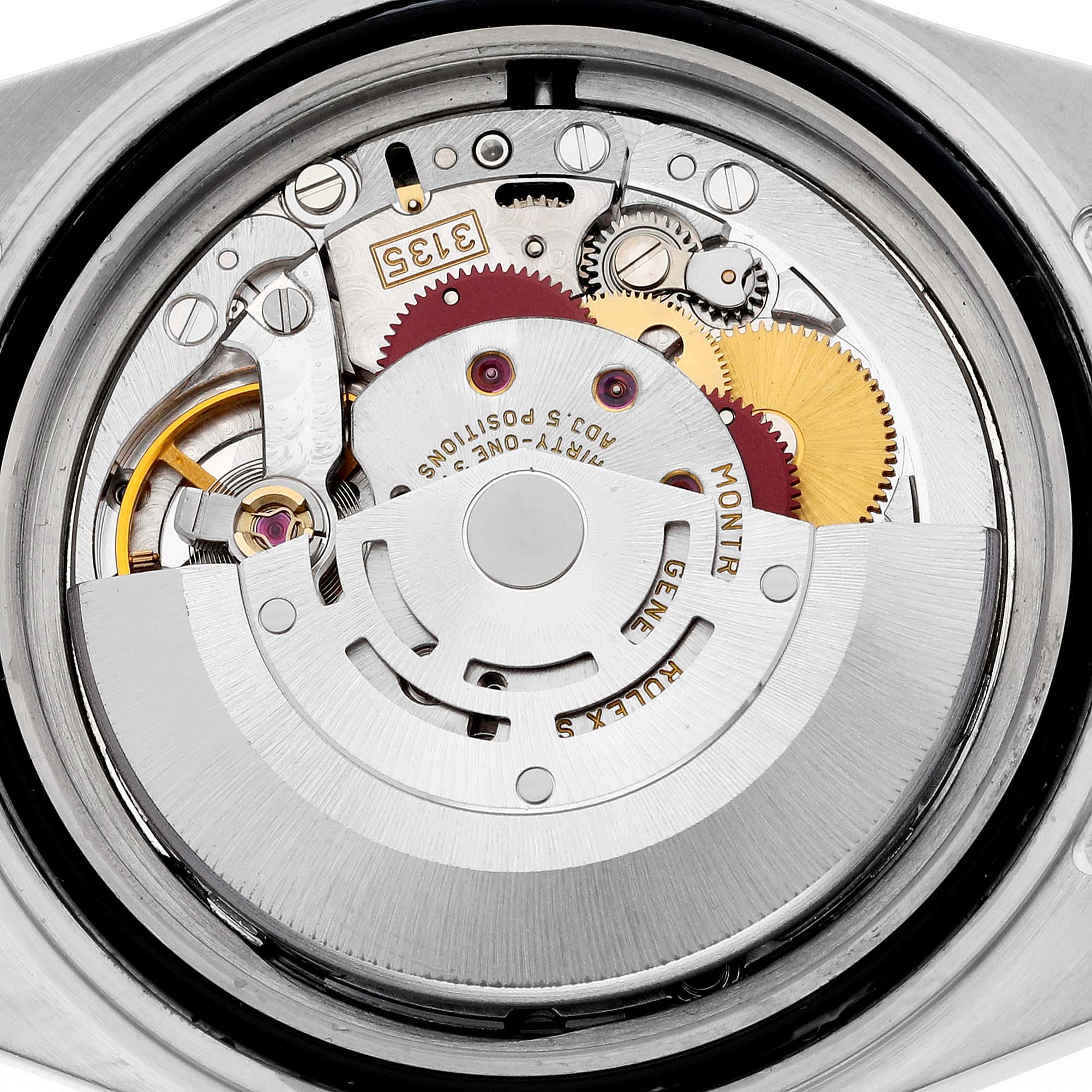 This image shows the internal mechanical movement of a Rolex Submariner 16613 Men's Steel and Gold (two tone) Blue Dial 16613 Men's Steel and Gold (two tone) Blue Dial watch viewed from the back.