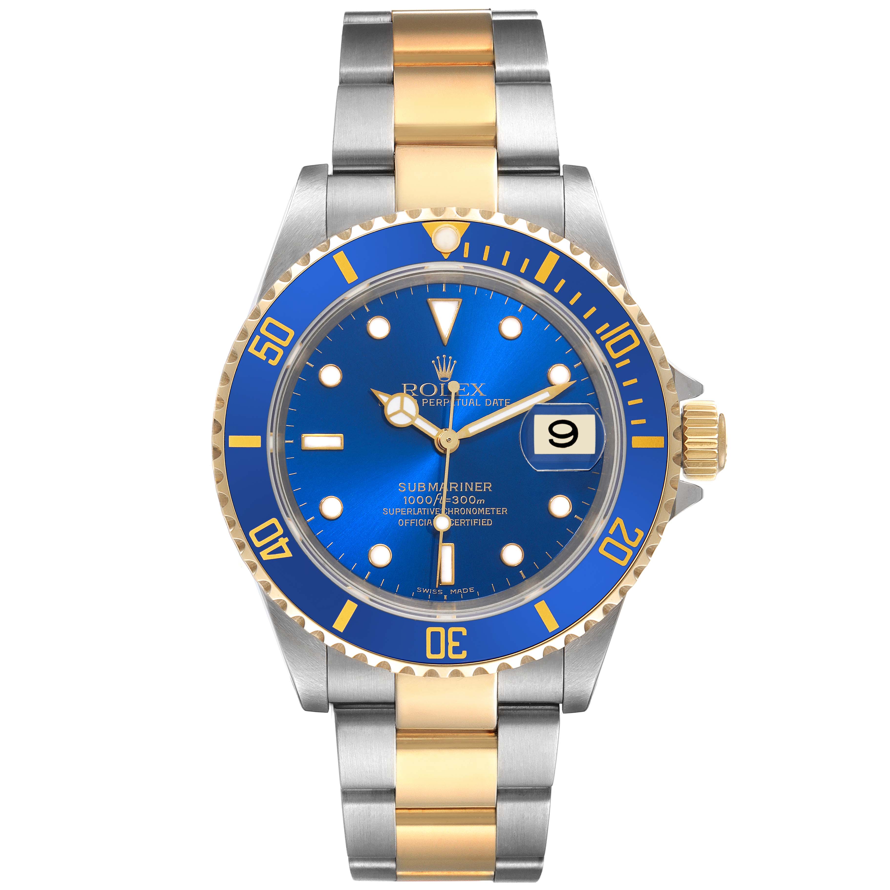 The image shows a front view of a Rolex Submariner 16613 Men's Steel and Gold (two tone) Blue Dial 16613 Men's Steel and Gold (two tone) Blue Dial, highlighting its two-tone bracelet, blue dial, and bezel with a date display.
