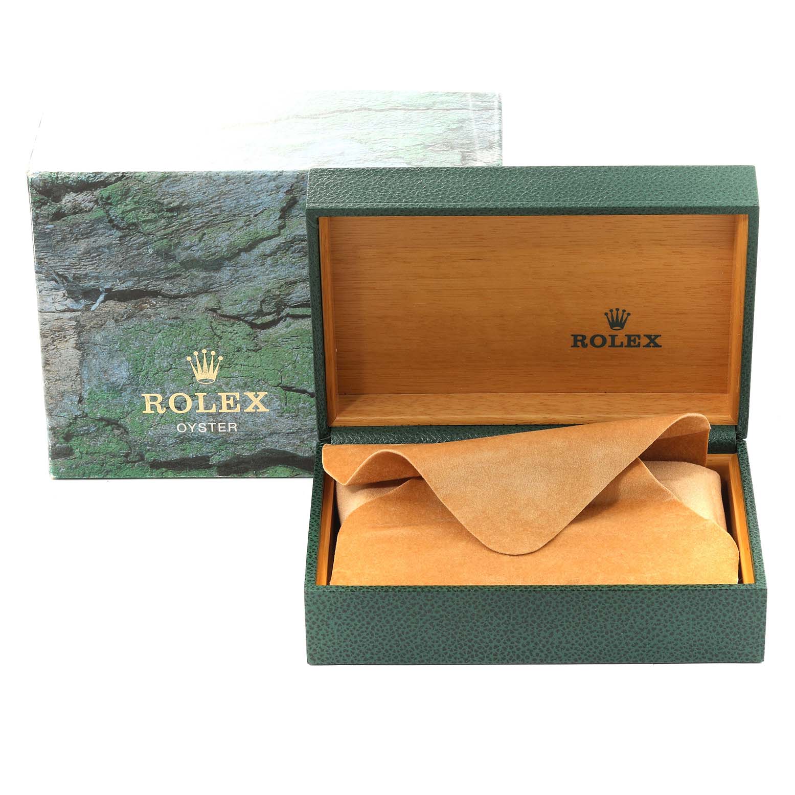 The image shows an open Rolex Submariner 16613 Men's Steel and Gold (two tone) Blue Dial 16613 Men's Steel and Gold (two tone) Blue Dial watch box and a green and wood textured outer box.