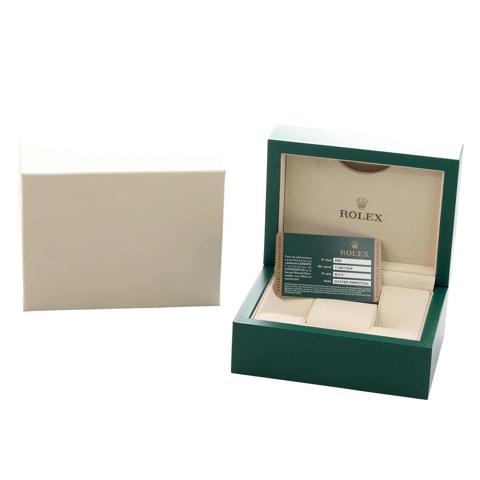 The image shows a Rolex Submariner 116610 Men's Stainless Steel Black Dial watch box, with the box open displaying the inner compartment and a warranty card.