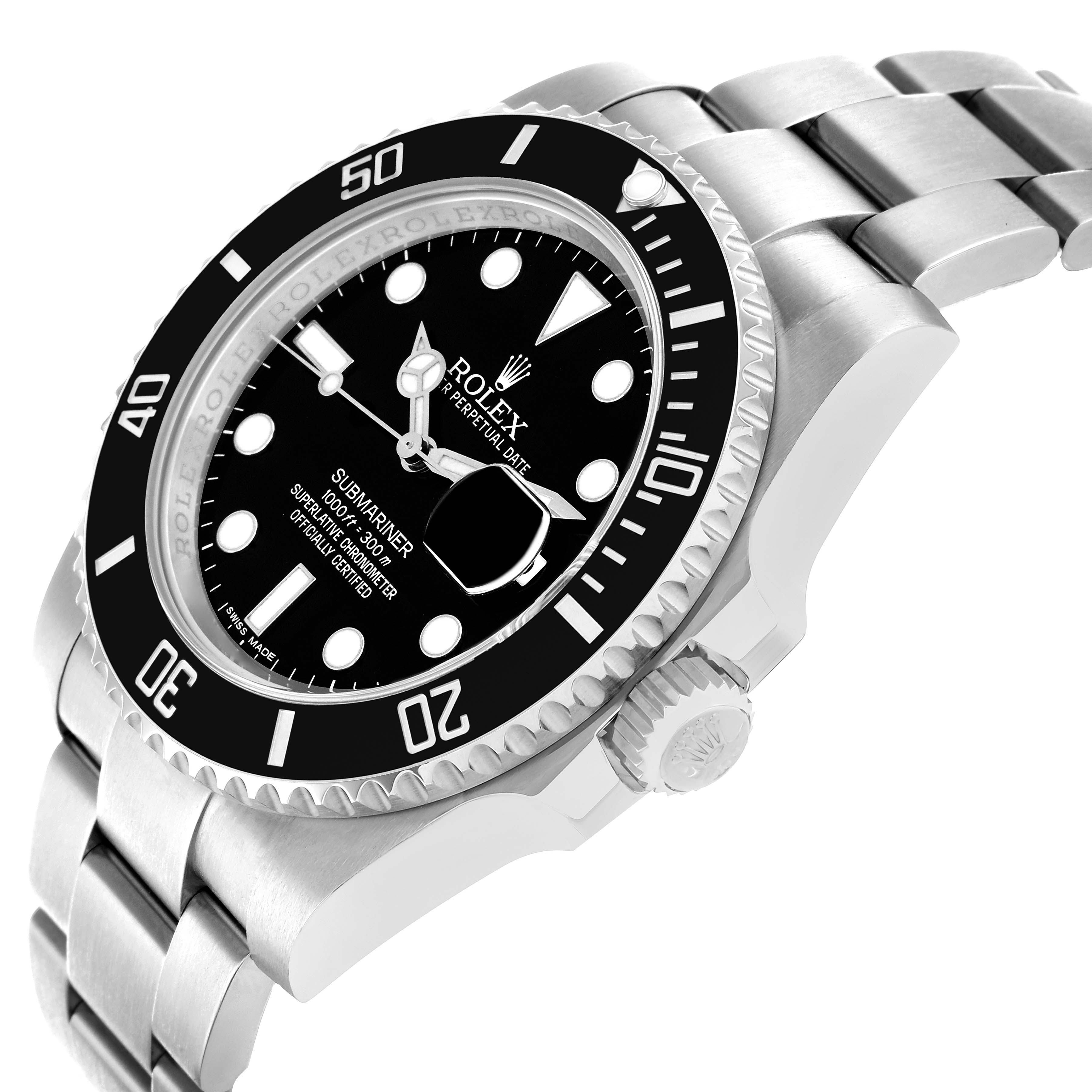 The Rolex Submariner 116610 Men's Stainless Steel Black Dial watch is shown at a slight angle, highlighting the face, bezel, crown, and part of the bracelet.