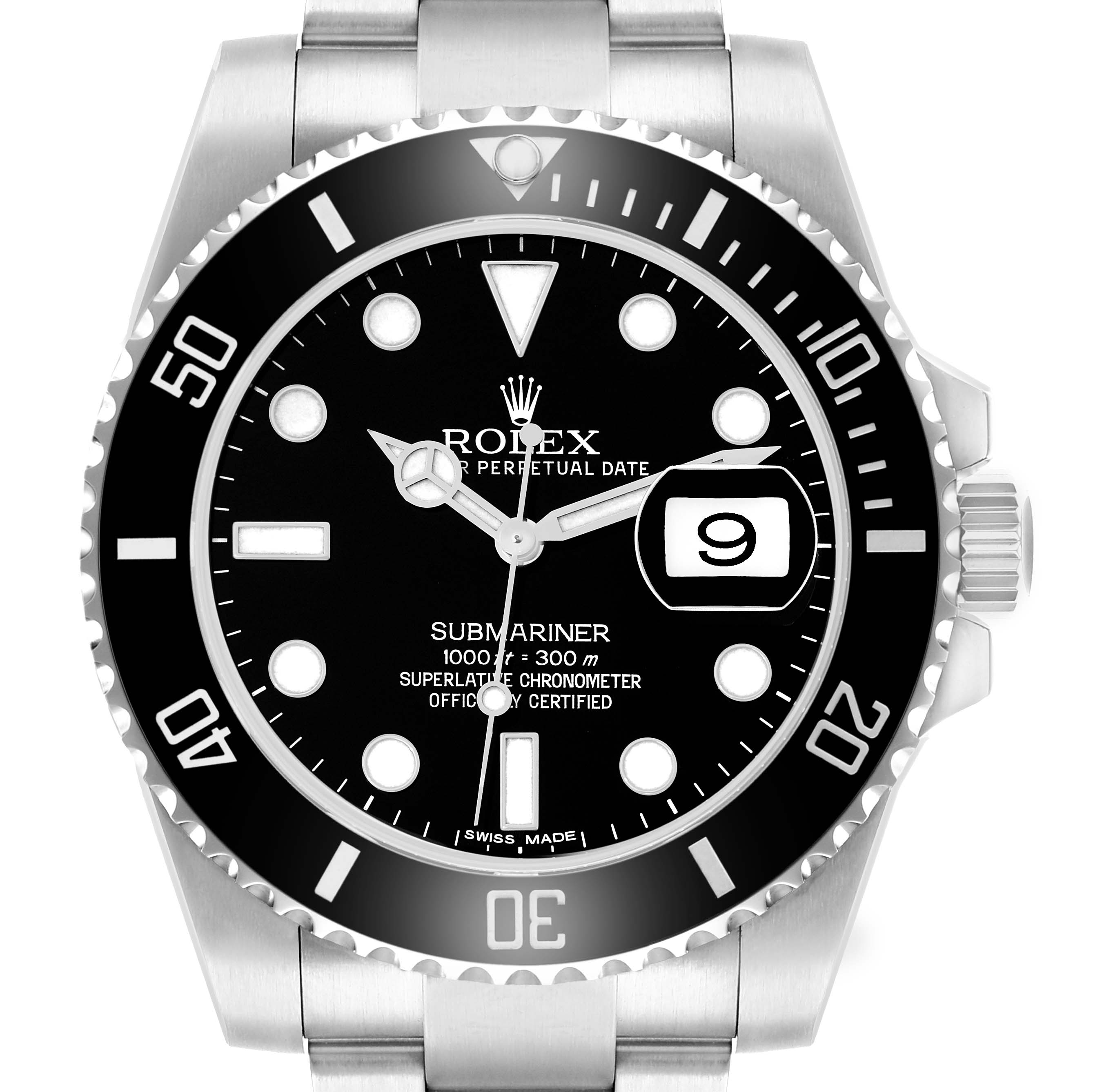 The Rolex Submariner 116610 Men's Stainless Steel Black Dial is shown from a front angle, highlighting the dial, bezel, and crown.