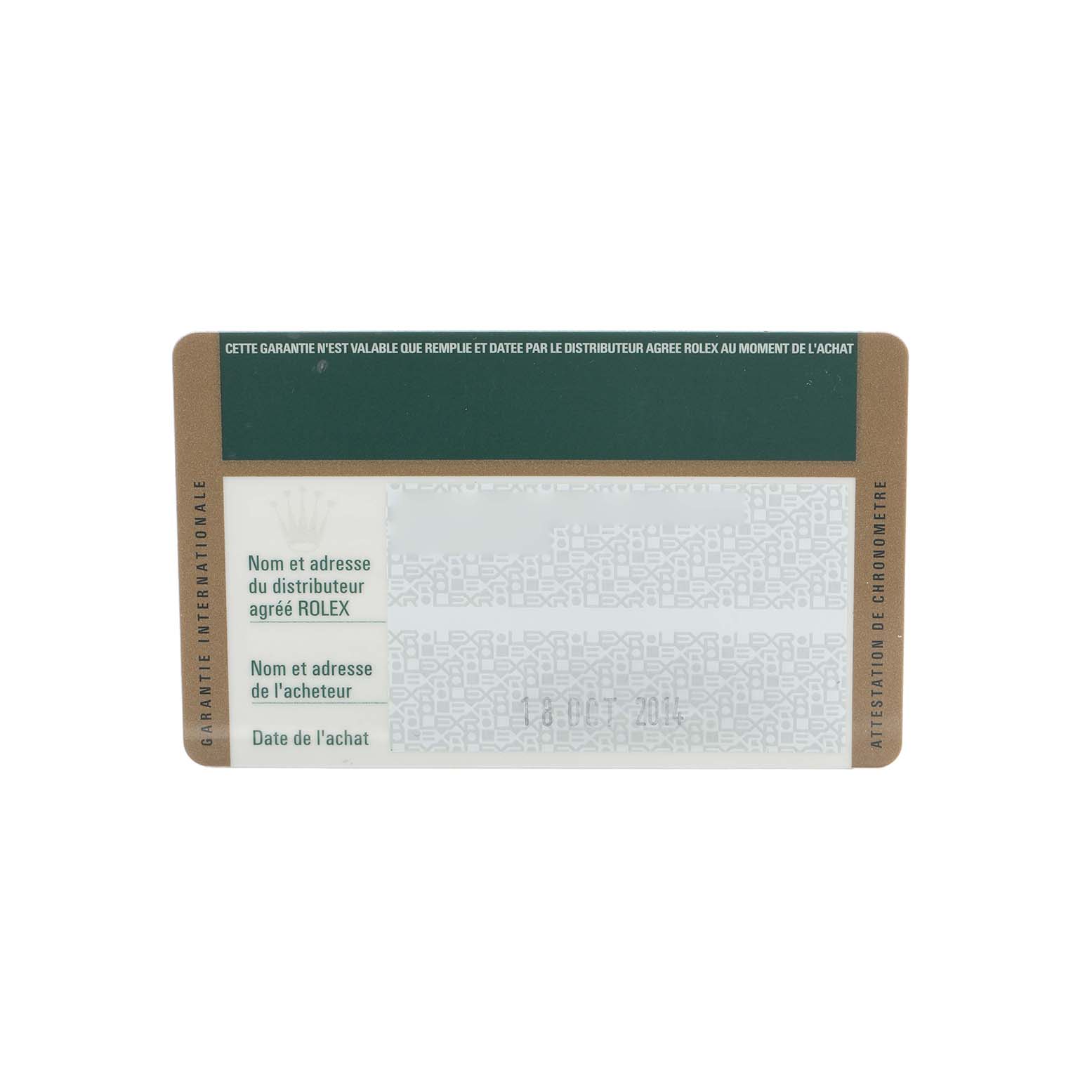 The image shows a warranty card for a Rolex Submariner 116610 Men's Stainless Steel Black Dial watch, viewed from above.