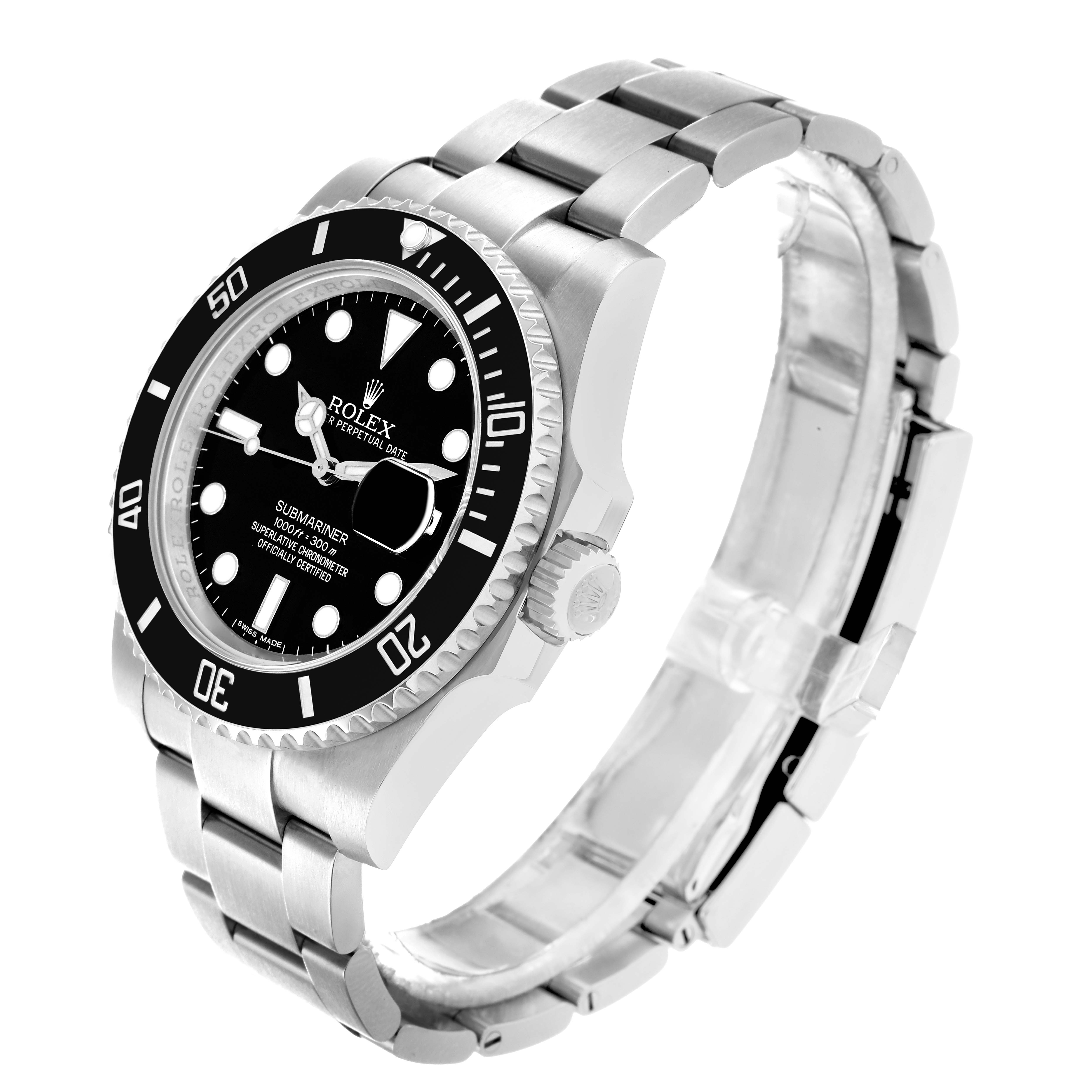The Rolex Submariner 116610 Men's Stainless Steel Black Dial watch is shown at a three-quarter angle, highlighting the dial, bezel, crown, and bracelet.