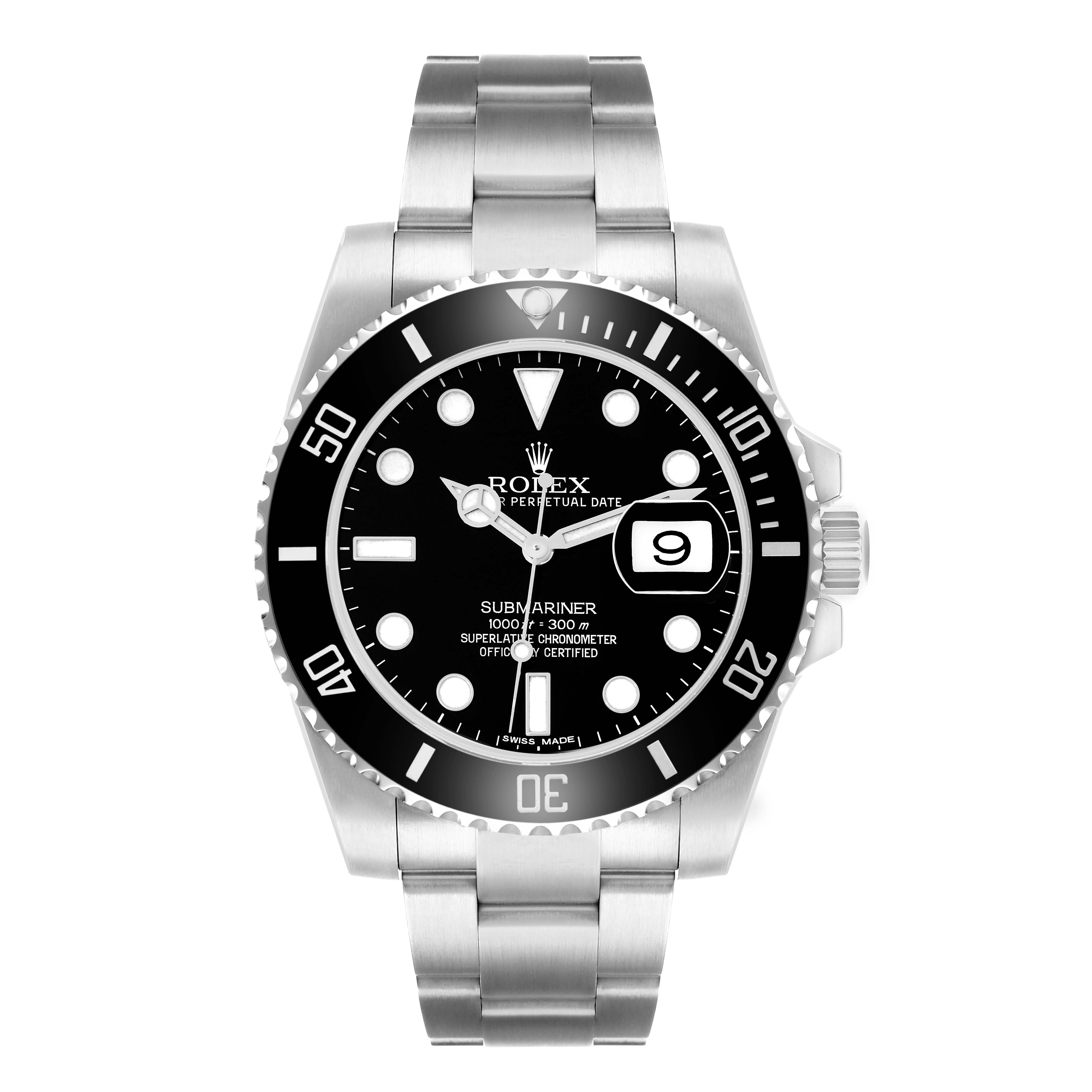 The Rolex Submariner 116610 Men's Stainless Steel Black Dial watch is shown from a front view, displaying the dial, bezel, and stainless steel bracelet.
