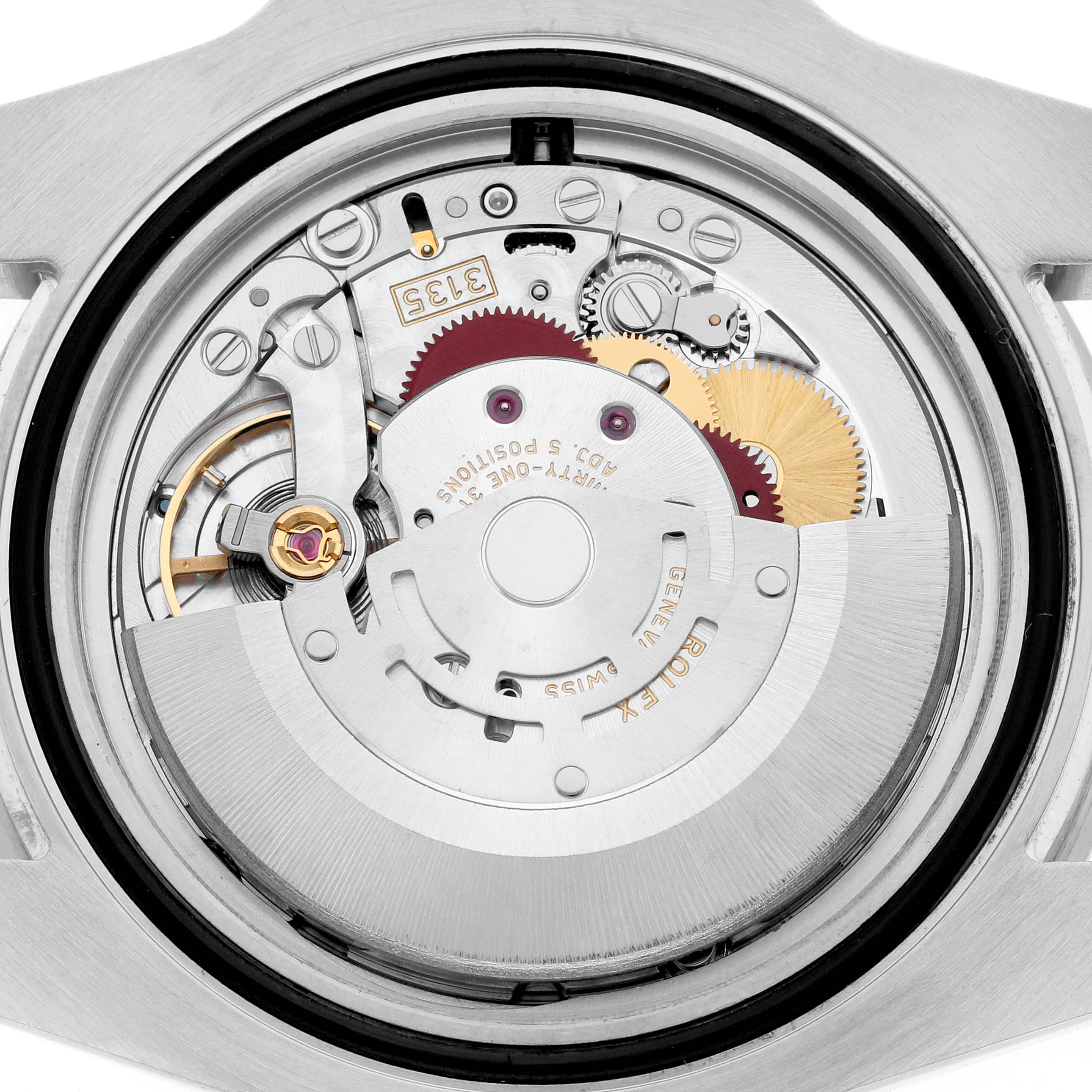 The image shows the internal movement mechanism of a Rolex Submariner 116610 Men's Stainless Steel Black Dial watch from a back view, highlighting gears and components.