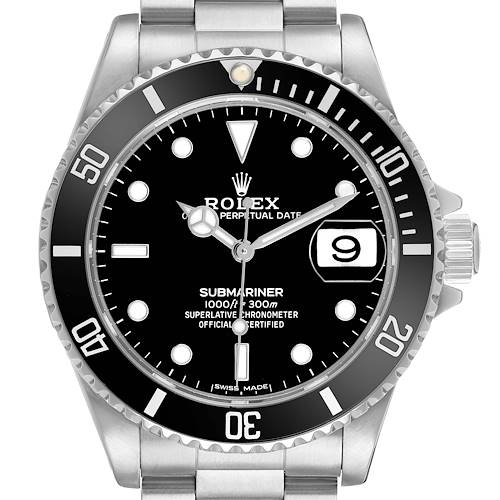 The image shows a front view of a Rolex Submariner 16610 Men's Stainless Steel Black Dial, highlighting the dial, bezel, and crown.