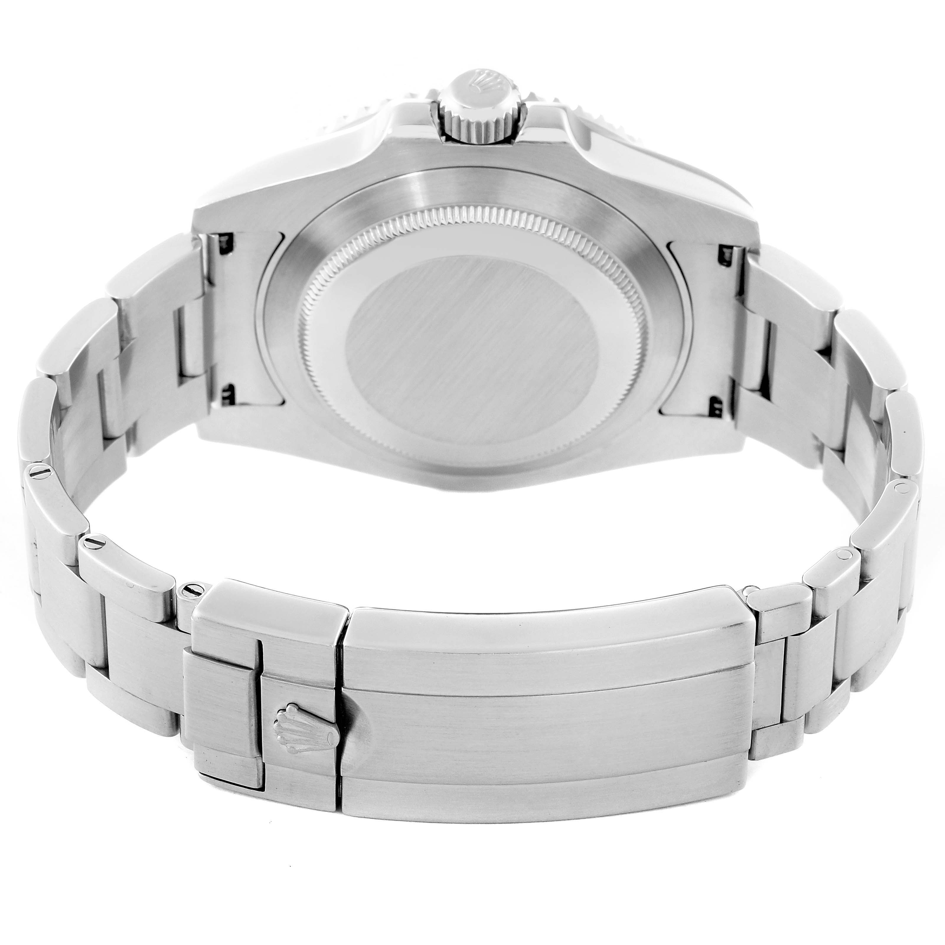 This image shows the back case and metal bracelet clasp of a Rolex Submariner 116610LV Men's Stainless Steel Green Dial 116610LV Men's Stainless Steel Green Dial watch.