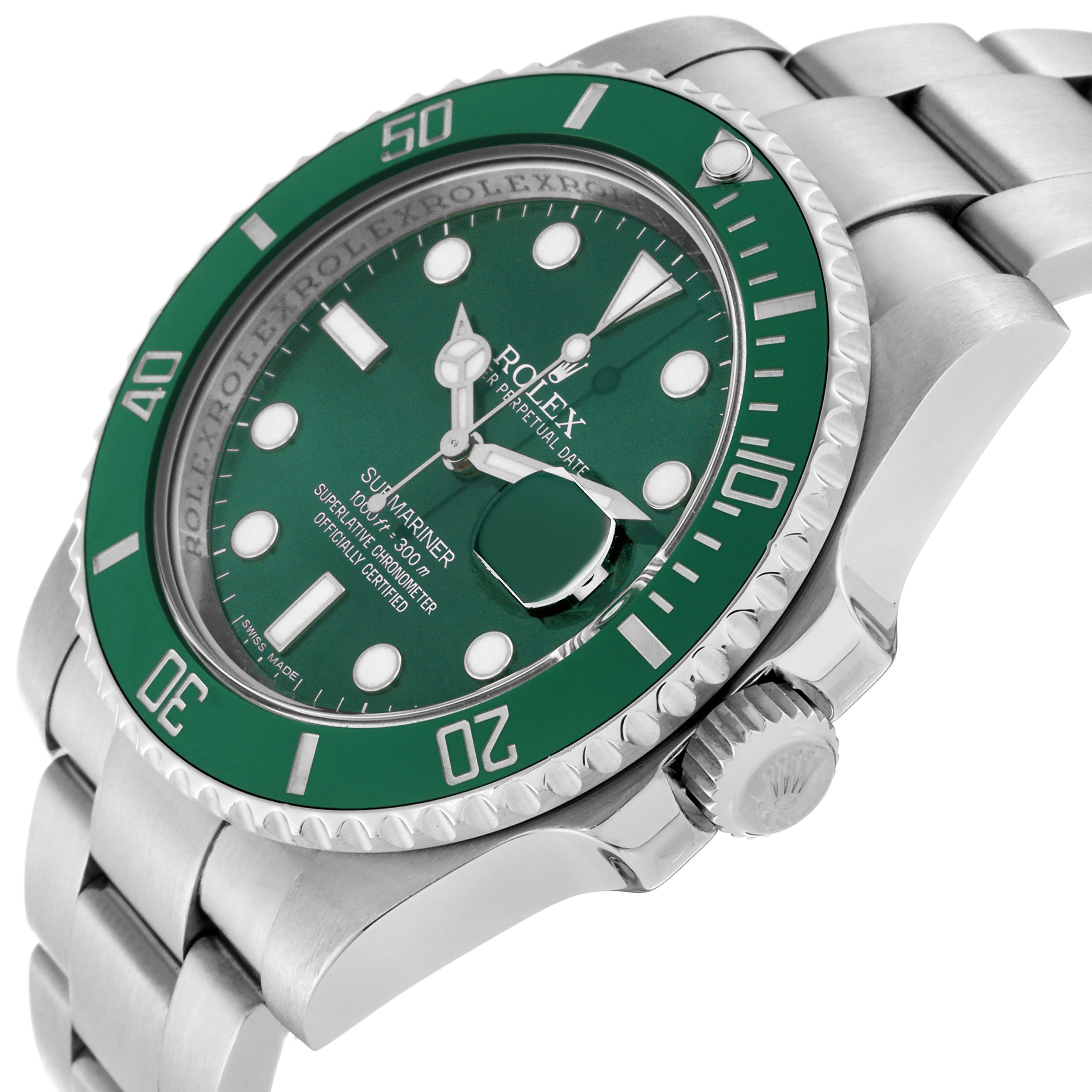 The image shows a close-up side angle of a Rolex Submariner 116610LV Men's Stainless Steel Green Dial 116610LV Men's Stainless Steel Green Dial watch, highlighting its green bezel, face, and part of the stainless steel bracelet.