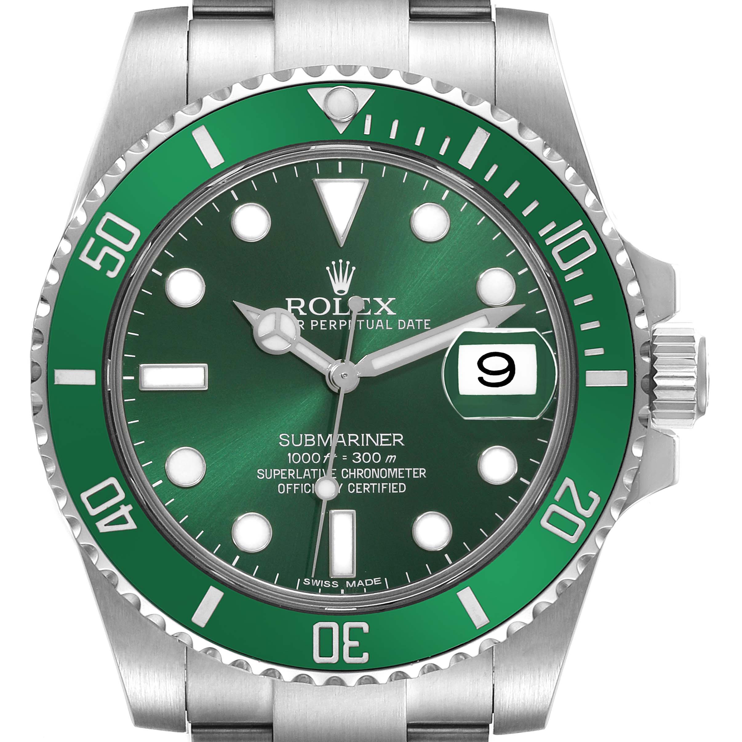 This Rolex Submariner 116610LV Men's Stainless Steel Green Dial 116610LV Men's Stainless Steel Green Dial watch is shown from the front, displaying its green dial, bezel, date window, and part of its bracelet.