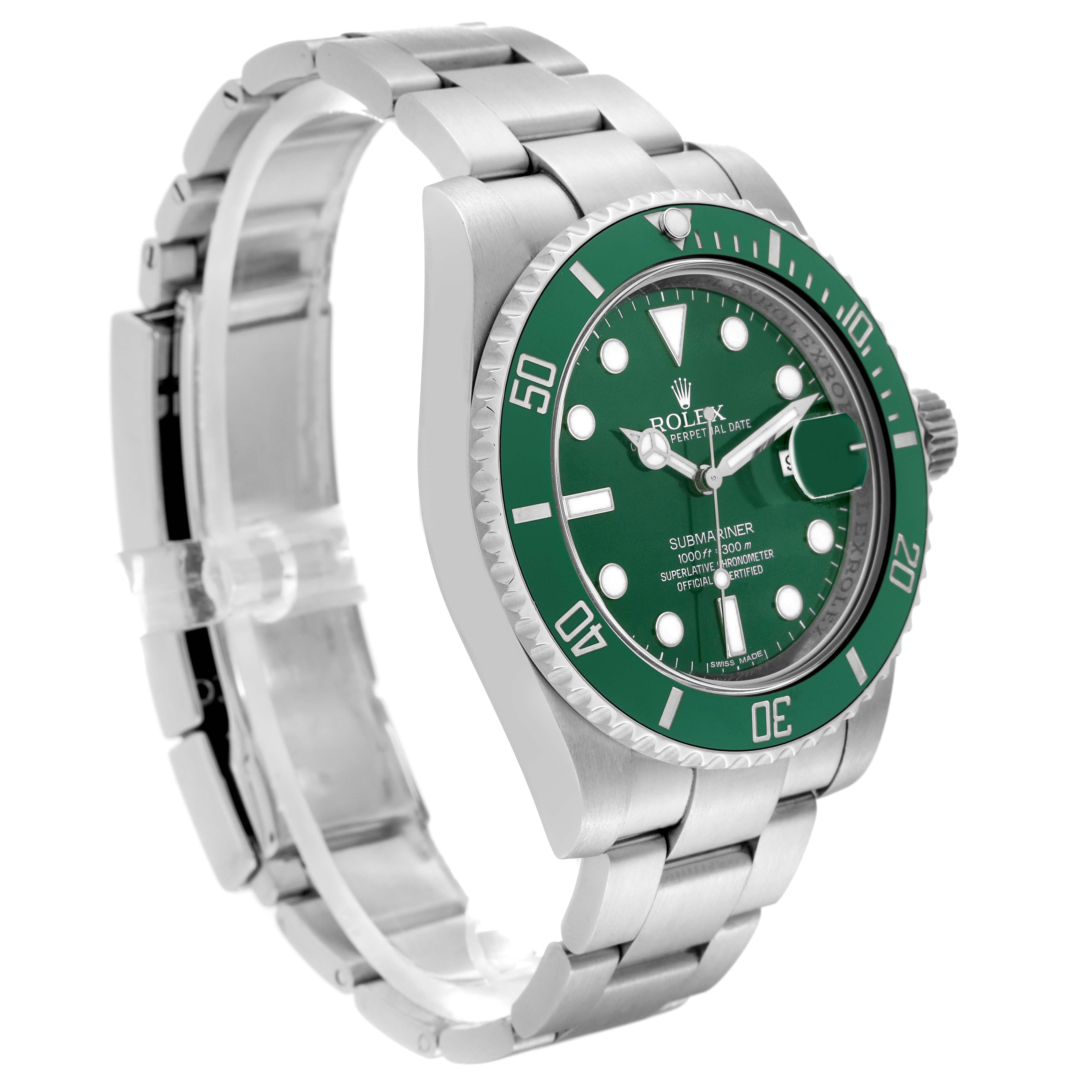 The image shows a side angle of a Rolex Submariner 116610LV Men's Stainless Steel Green Dial 116610LV Men's Stainless Steel Green Dial watch, highlighting its green dial, bezel, and stainless steel bracelet.