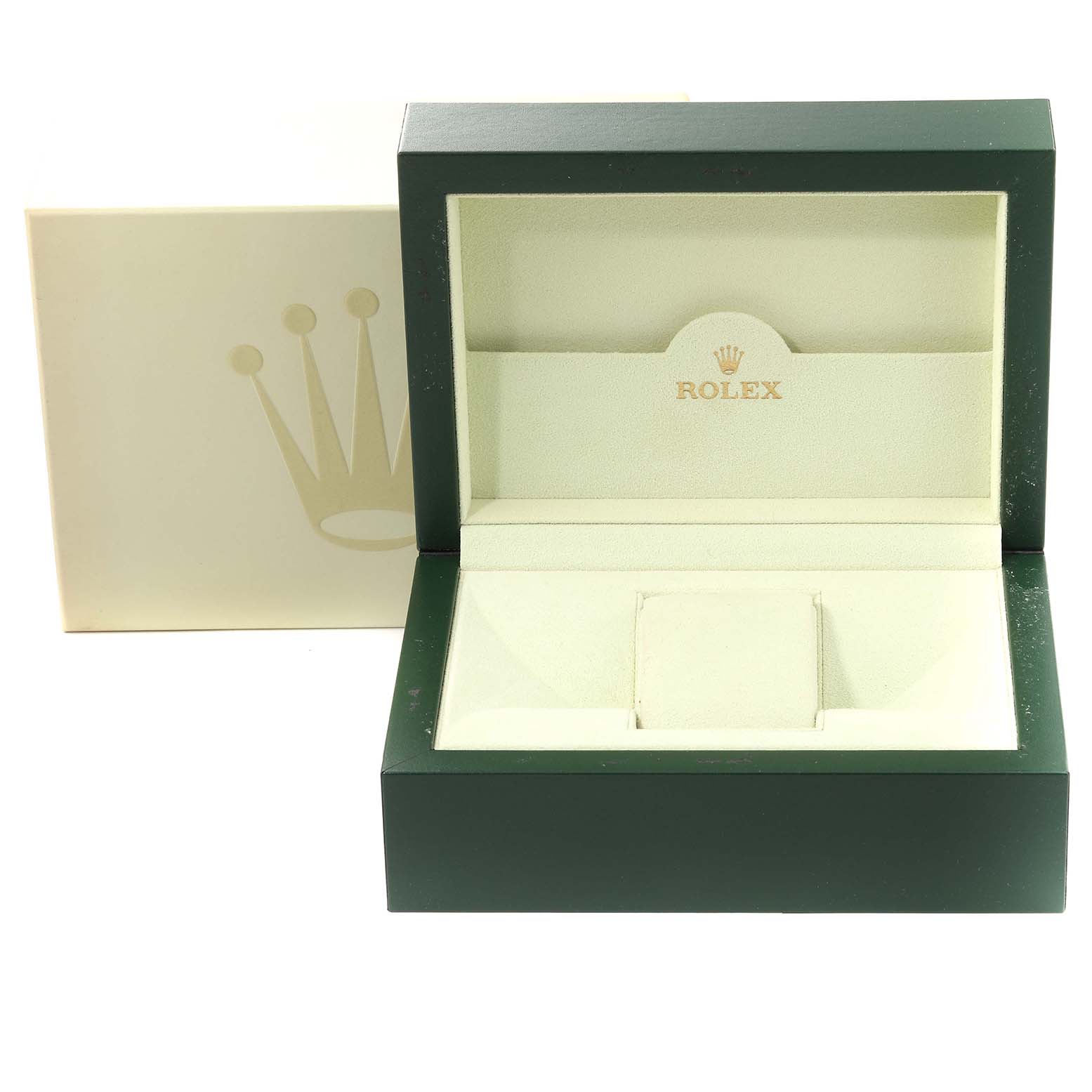 This image shows an open green Rolex Submariner 116610LV Men's Stainless Steel Green Dial 116610LV Men's Stainless Steel Green Dial watch box with the logo and cushion insert visible.