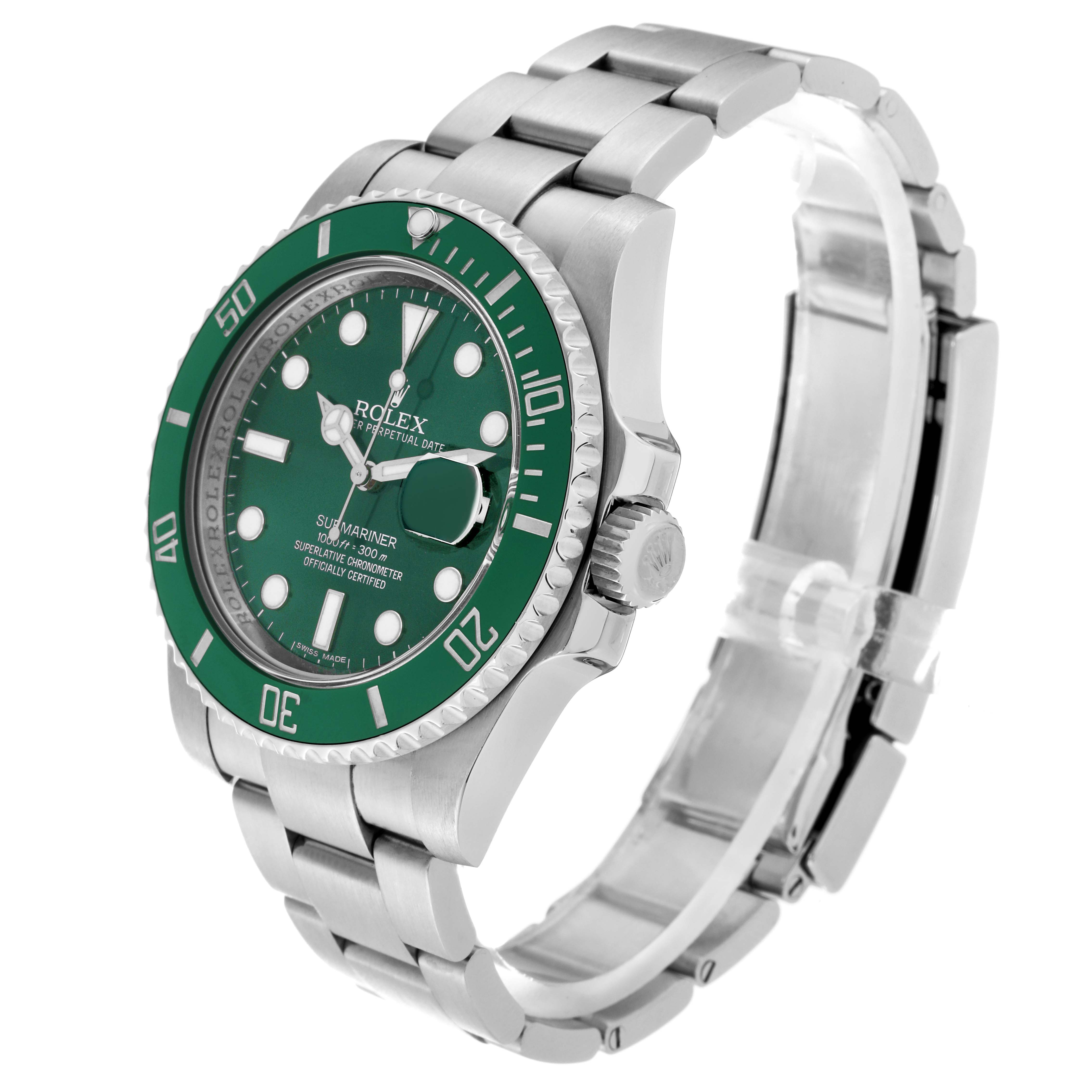 This image shows a Rolex Submariner 116610LV Men's Stainless Steel Green Dial 116610LV Men's Stainless Steel Green Dial watch from a front-left angle, displaying its green bezel, dial, and stainless steel bracelet.