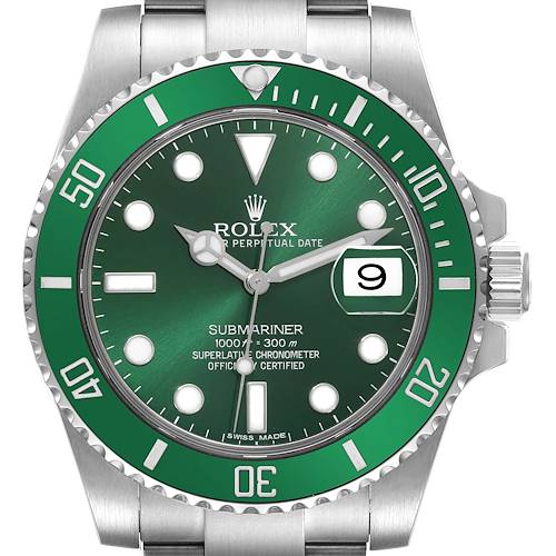 The image shows a front view of the Rolex Submariner watch featuring a green bezel and green dial with date display.