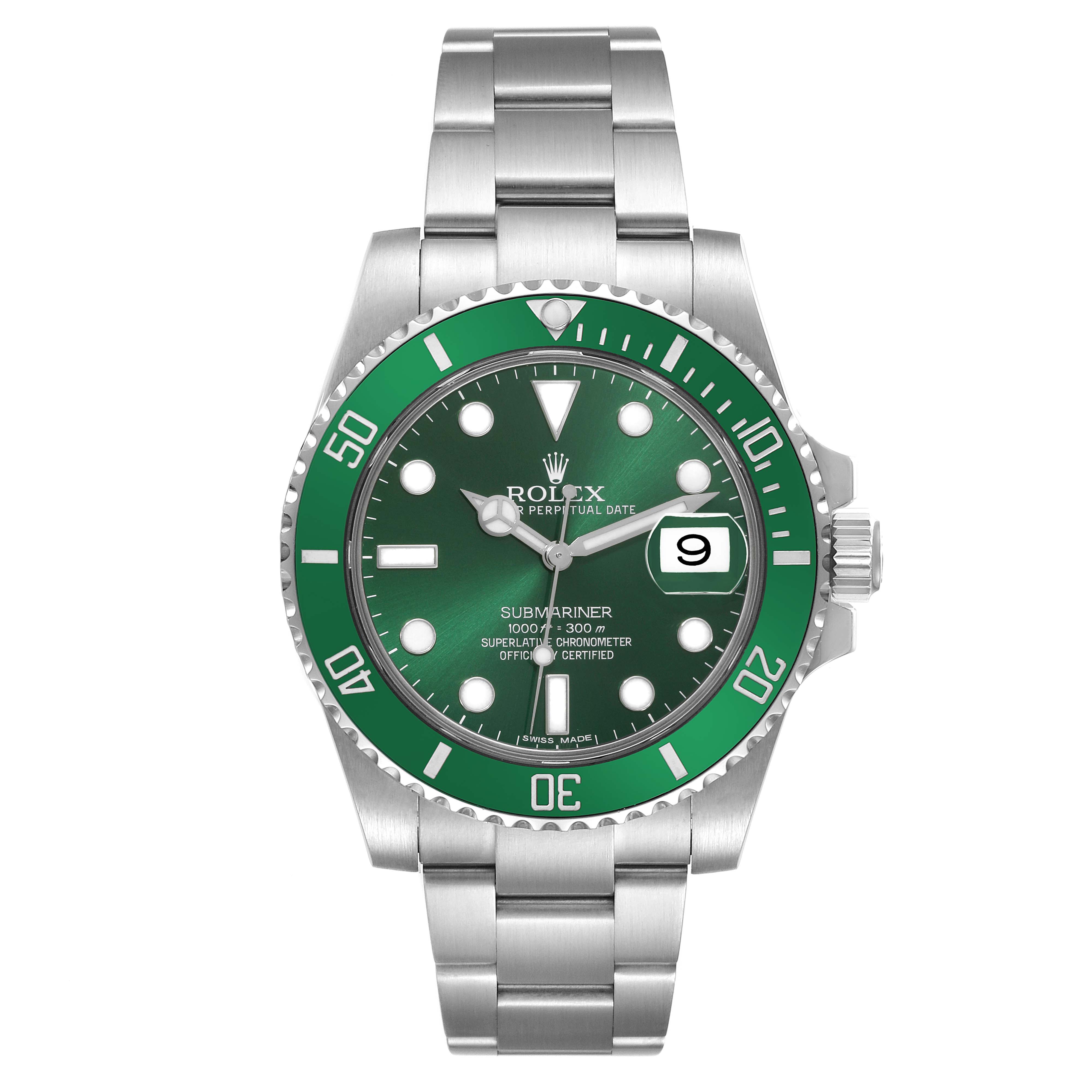 The image shows a front view of a Rolex Submariner 116610LV Men's Stainless Steel Green Dial 116610LV Men's Stainless Steel Green Dial watch with a green dial and bezel, including the bracelet and crown.