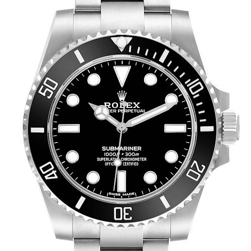 The Rolex Submariner 114060 Men's Stainless Steel Black Dial watch is shown from a front angle, displaying the bezel, dial, and part of the bracelet.