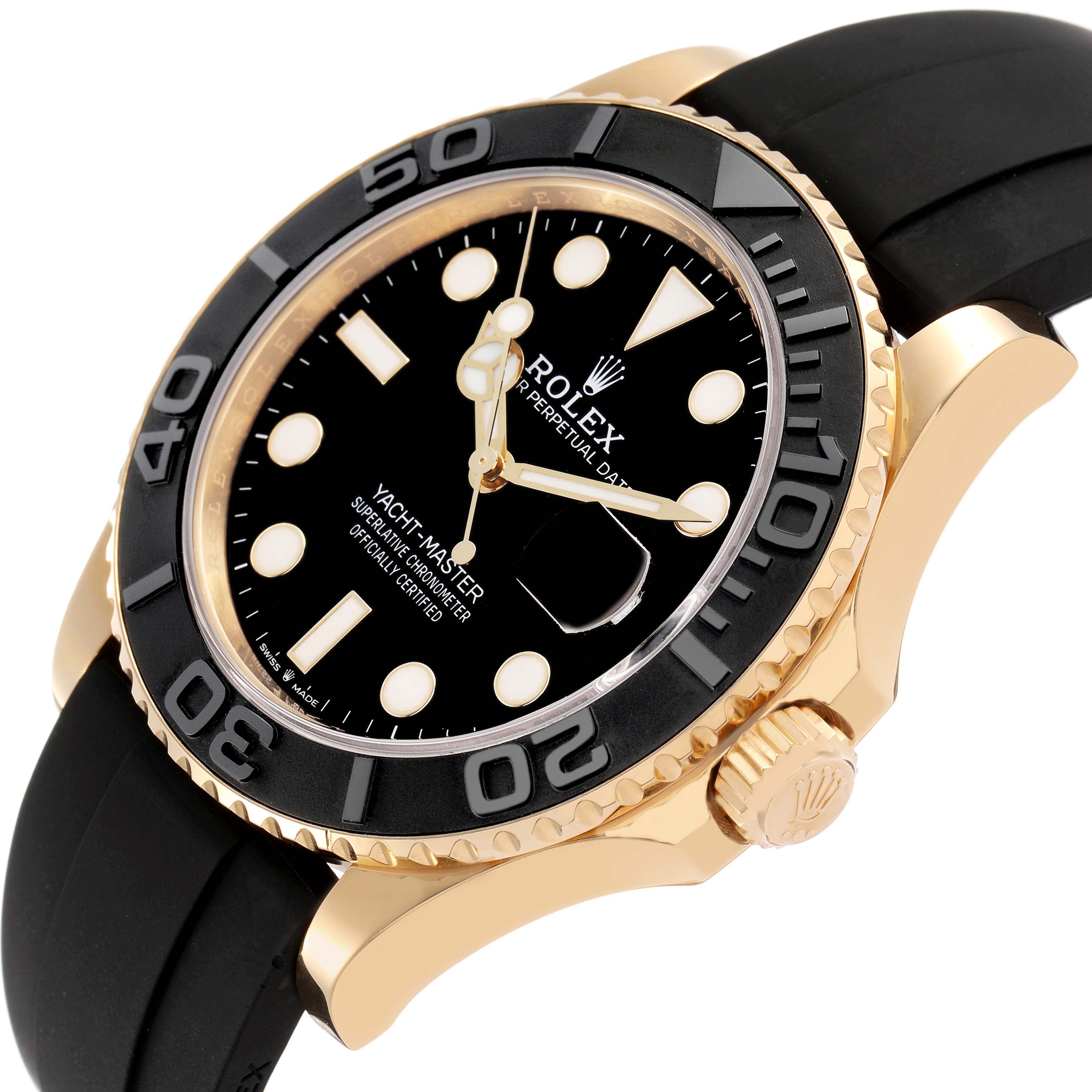The Rolex Yacht-Master 226658 Men's Yellow Gold Black Dial watch is shown at a tilted angle highlighting the bezel, dial, and crown with black and gold accents.