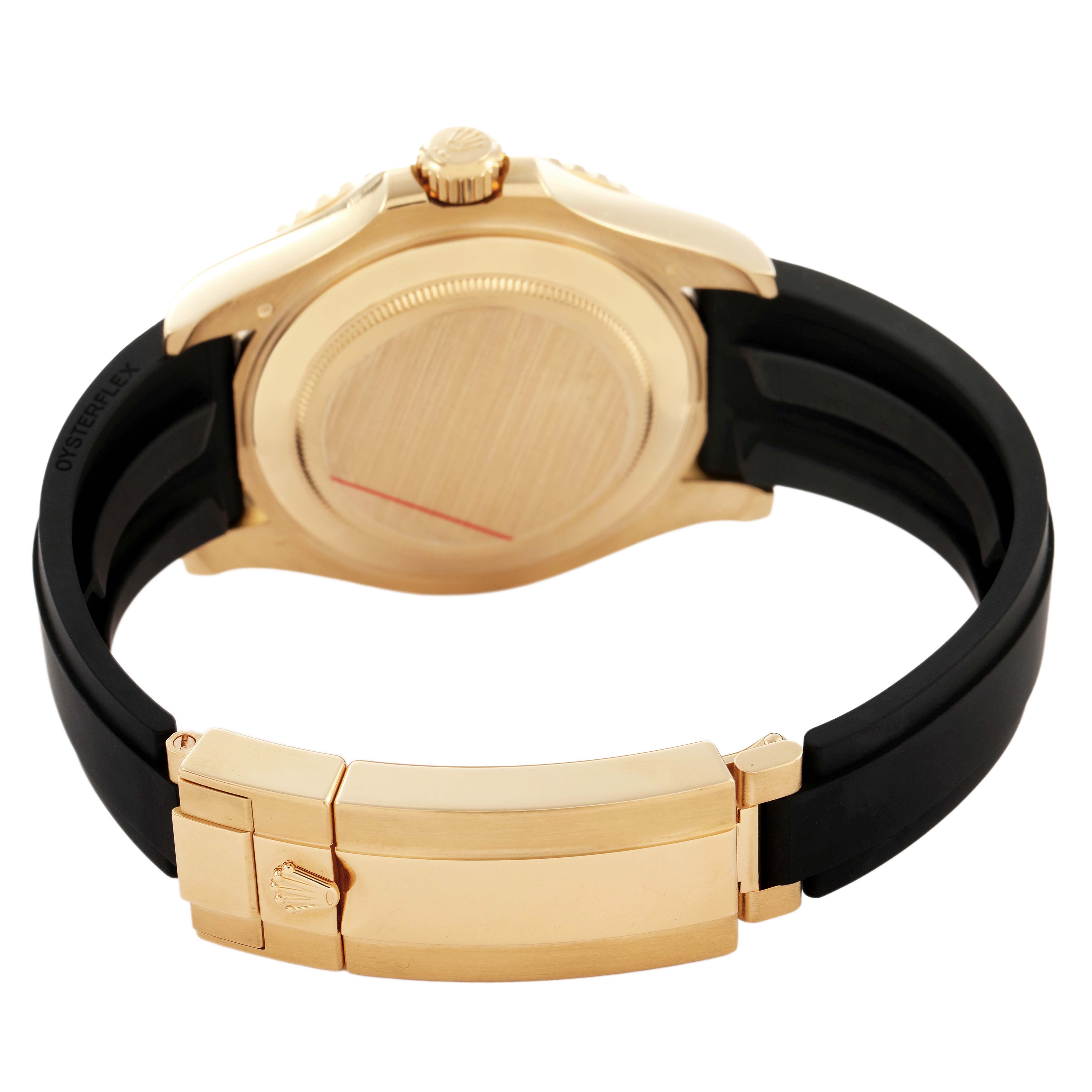 The image shows the back view of a Rolex Yacht-Master 226658 Men's Yellow Gold Black Dial, highlighting the case back, crown, and clasp with a black strap.
