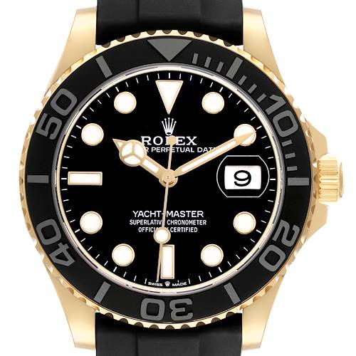 The Rolex Yacht-Master 226658 Men's Yellow Gold Black Dial watch is shown from the front, highlighting the black dial, bezel, and gold accents.