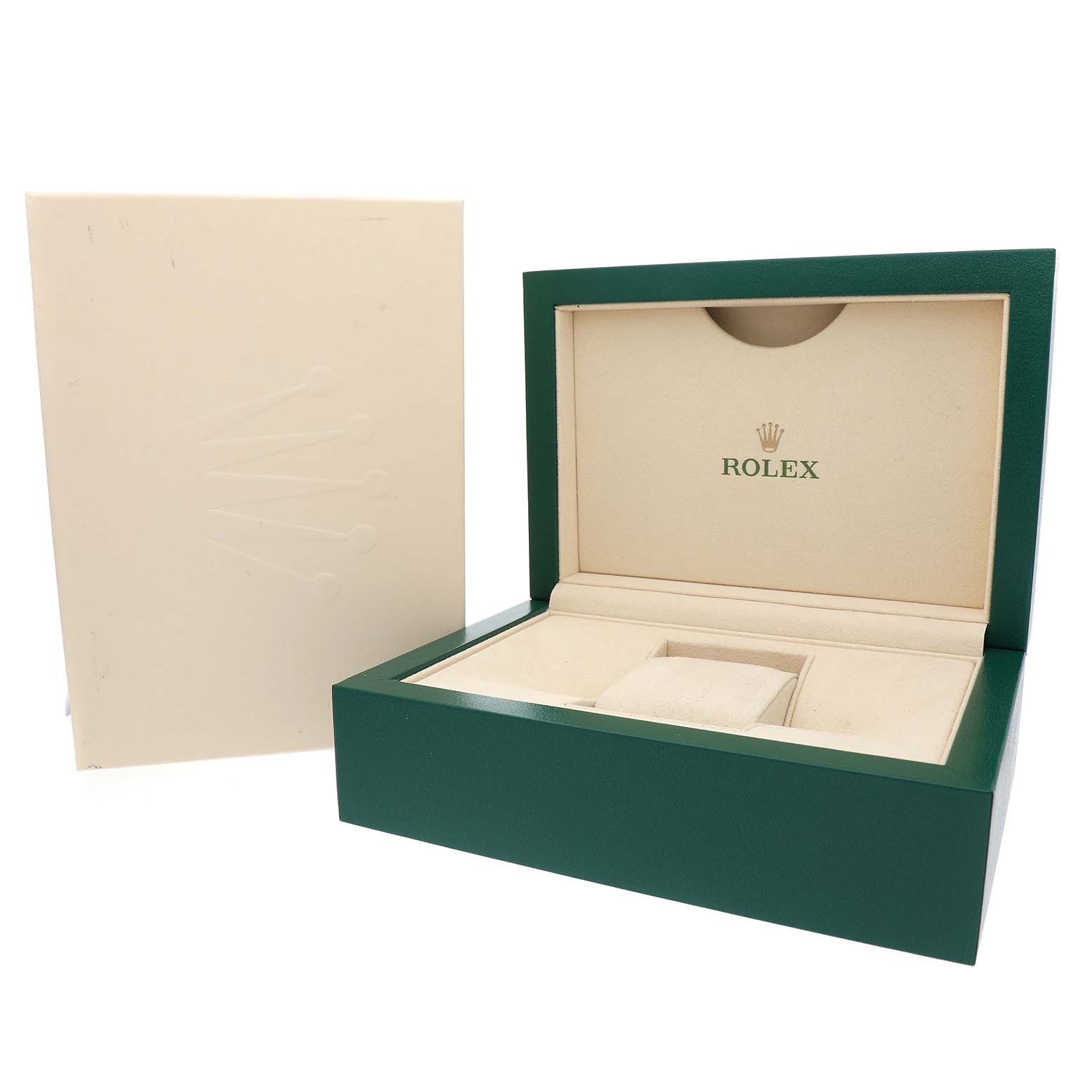 The image shows a Rolex Yacht-Master 226658 Men's Yellow Gold Black Dial box at an angle, with its lid open, revealing the interior compartments.