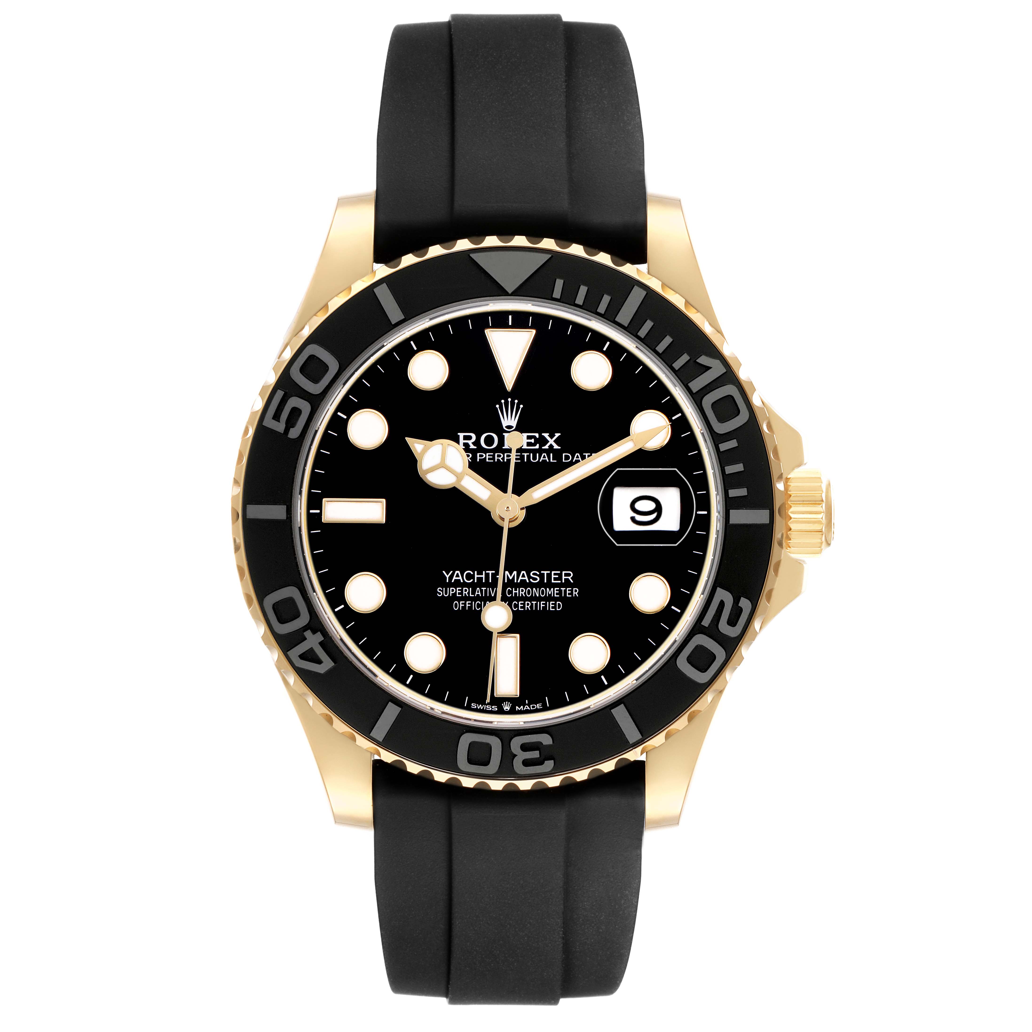 The Rolex Yacht-Master 226658 Men's Yellow Gold Black Dial watch is shown from the front, displaying the dial, bezel, case, and black strap.