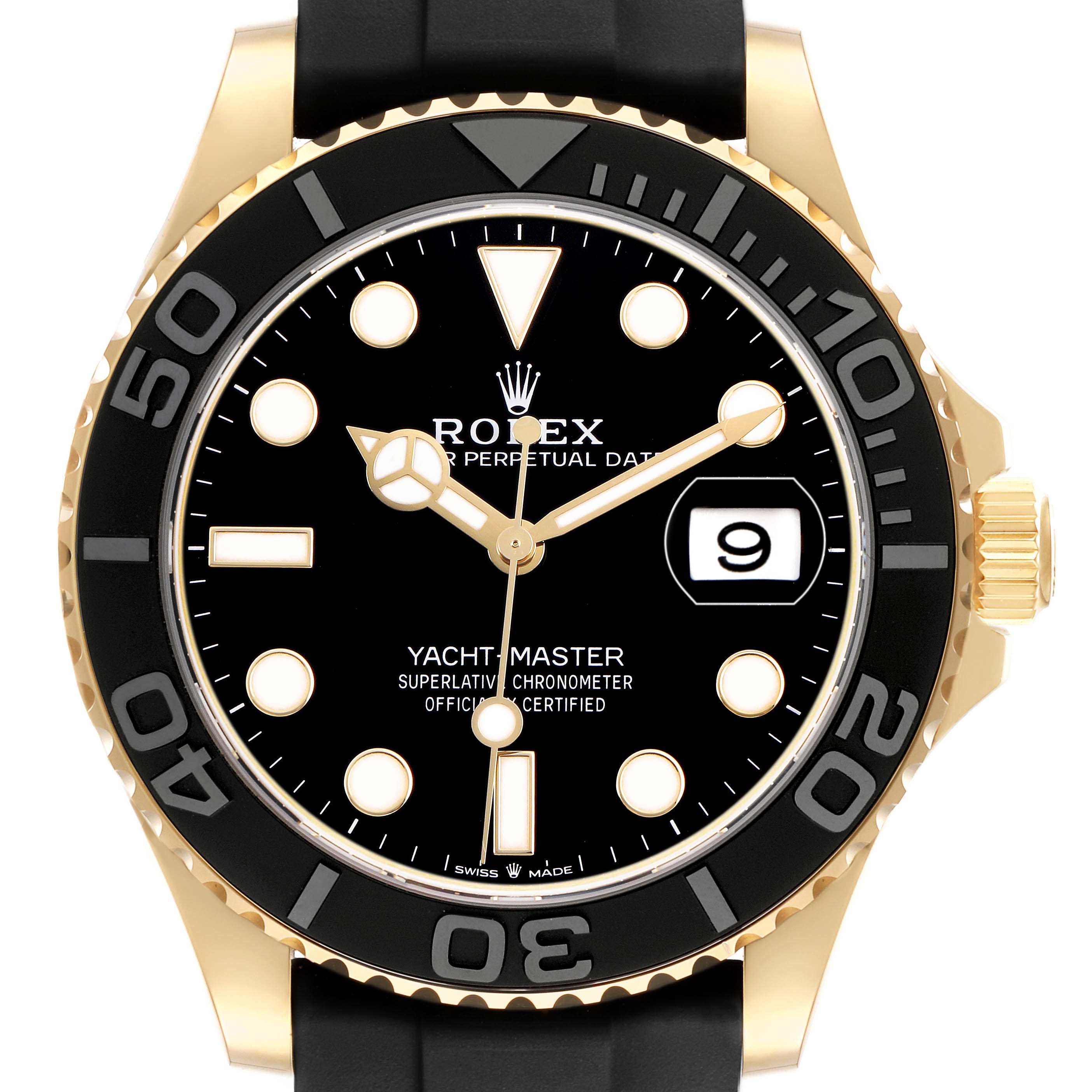 The Rolex Yacht-Master 226658 Men's Yellow Gold Black Dial watch is shown from the front, highlighting the dial, bezel, and case.