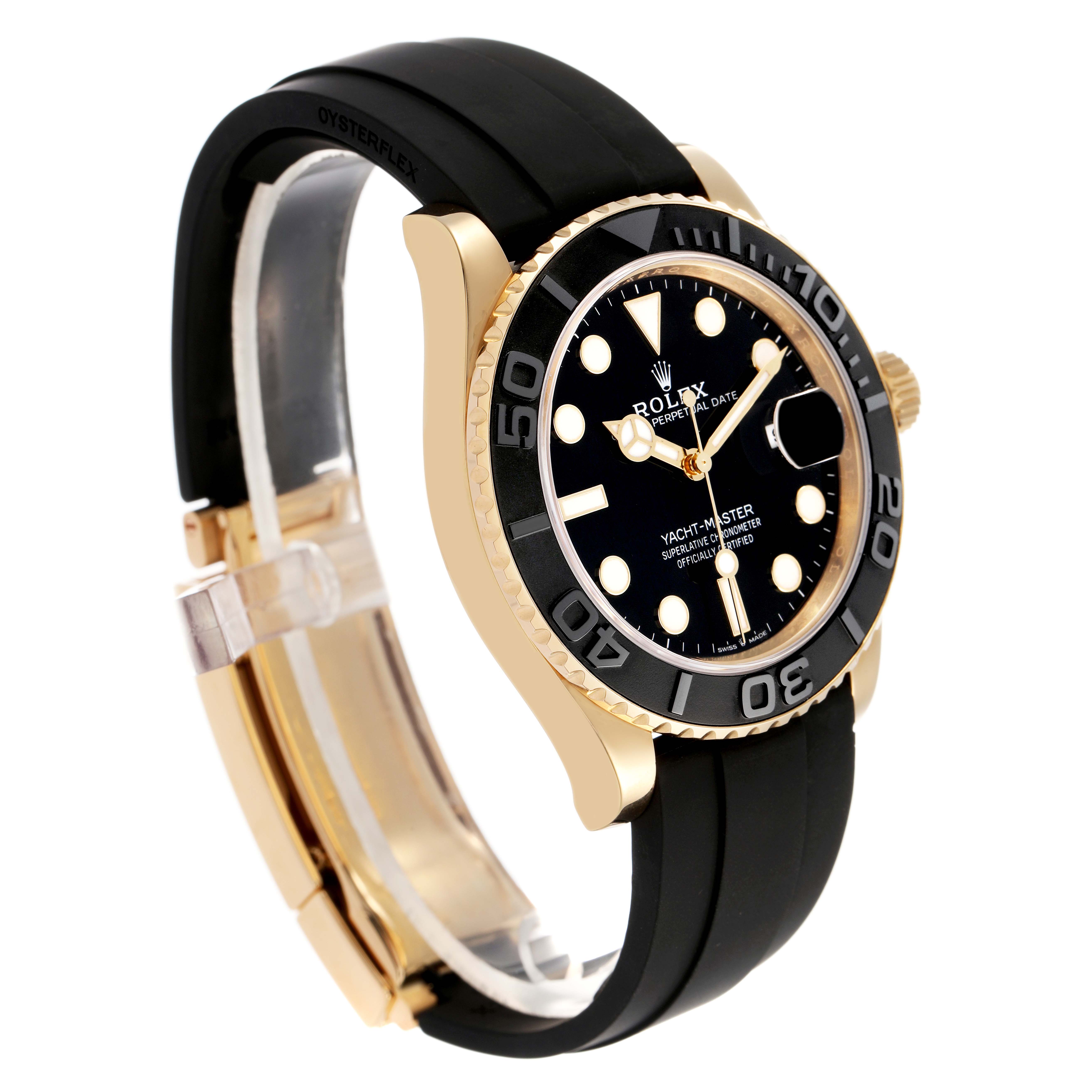 The Rolex Yacht-Master 226658 Men's Yellow Gold Black Dial watch is shown at a three-quarter angle, highlighting its gold case, black bezel, and rubber strap.