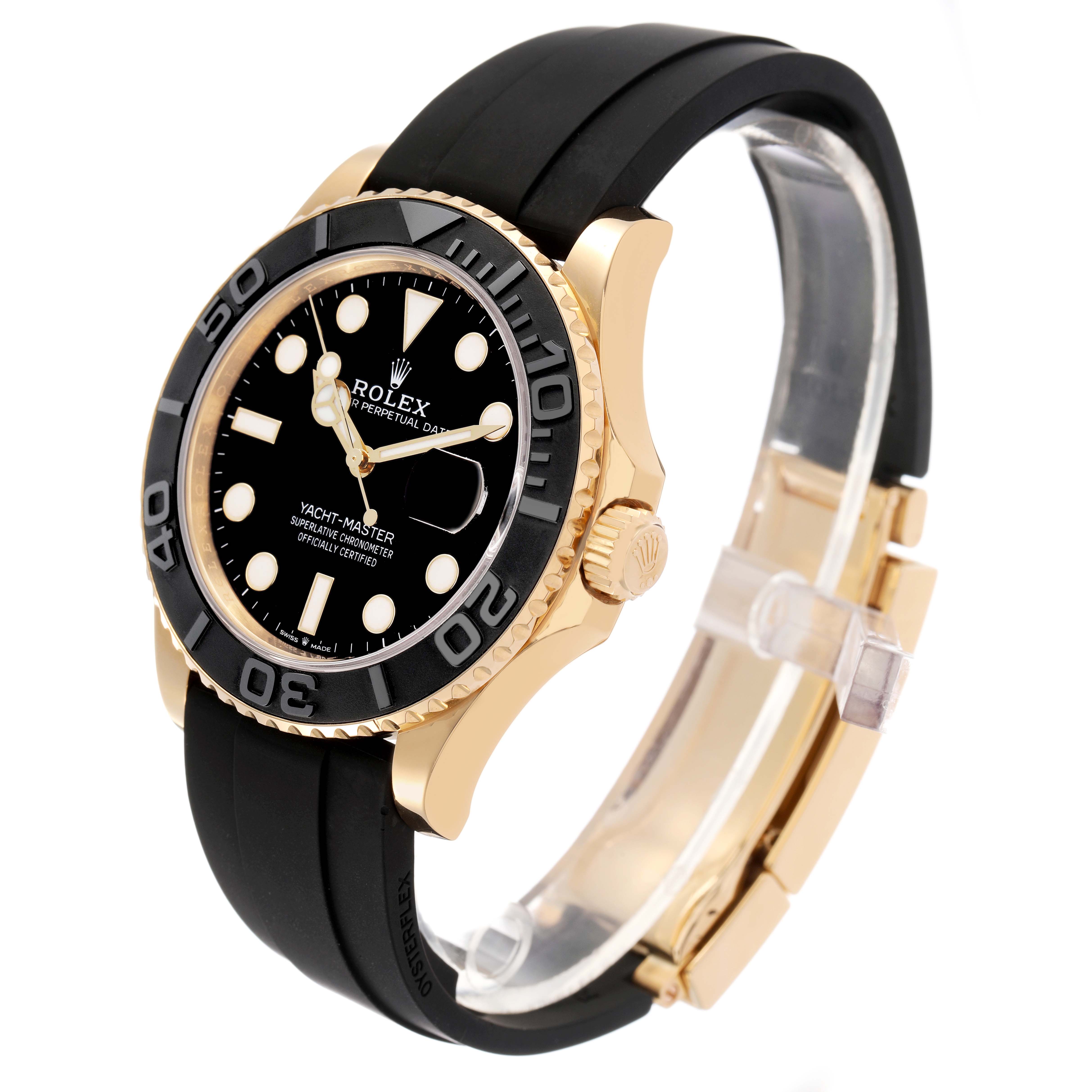 The image shows a Rolex Yacht-Master 226658 Men's Yellow Gold Black Dial watch at a slight diagonal angle, highlighting the gold case, black bezel, and black strap.