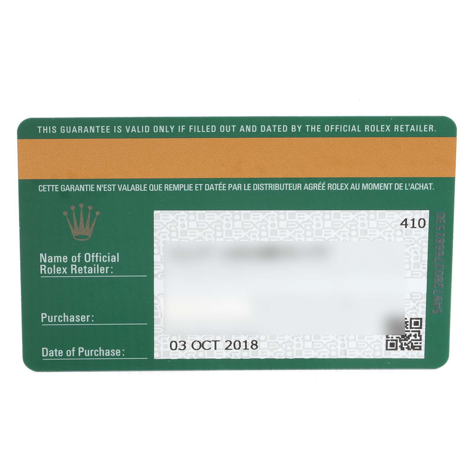 This is a guarantee card for a Rolex Yacht-Master 268622 Men
s Stainless Steel Grey Dial 268622 Men
s Stainless Steel Grey Dial watch, displaying the purchase date and retailer information.