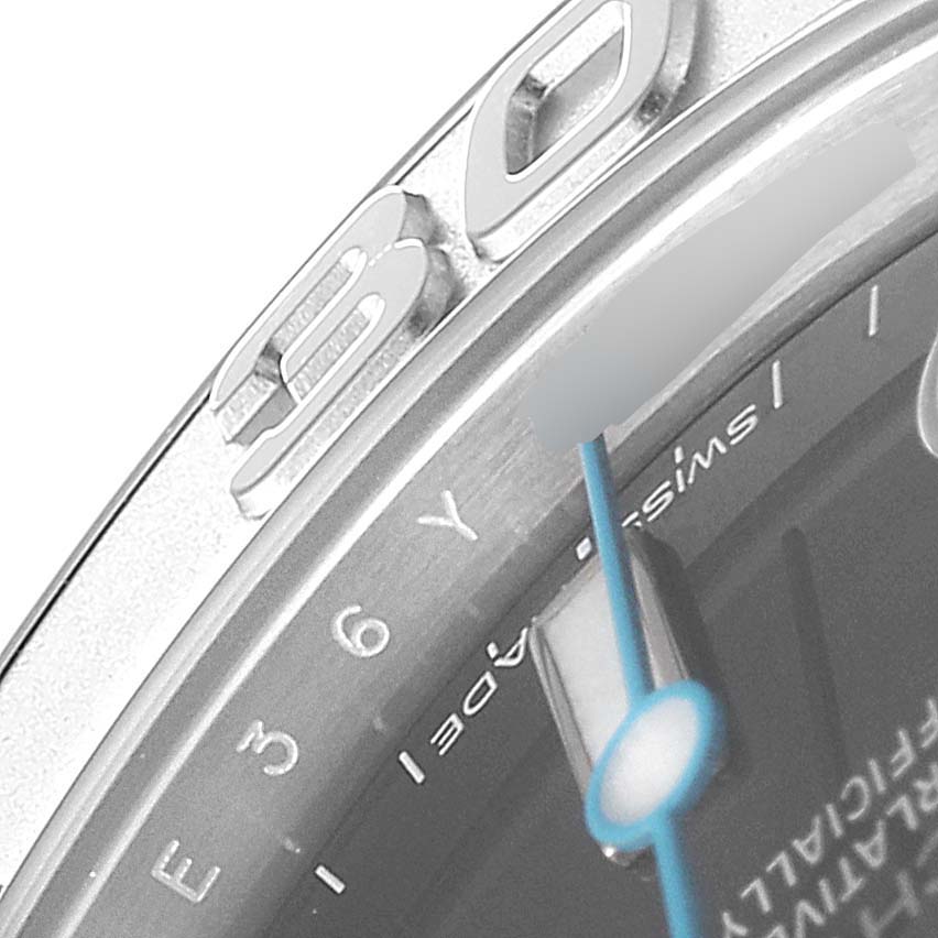 Close-up of the Rolex Yacht-Master 268622 Men
s Stainless Steel Grey Dial 268622 Men
s Stainless Steel Grey Dial watch, showing part of the bezel, dial, and hour hand.