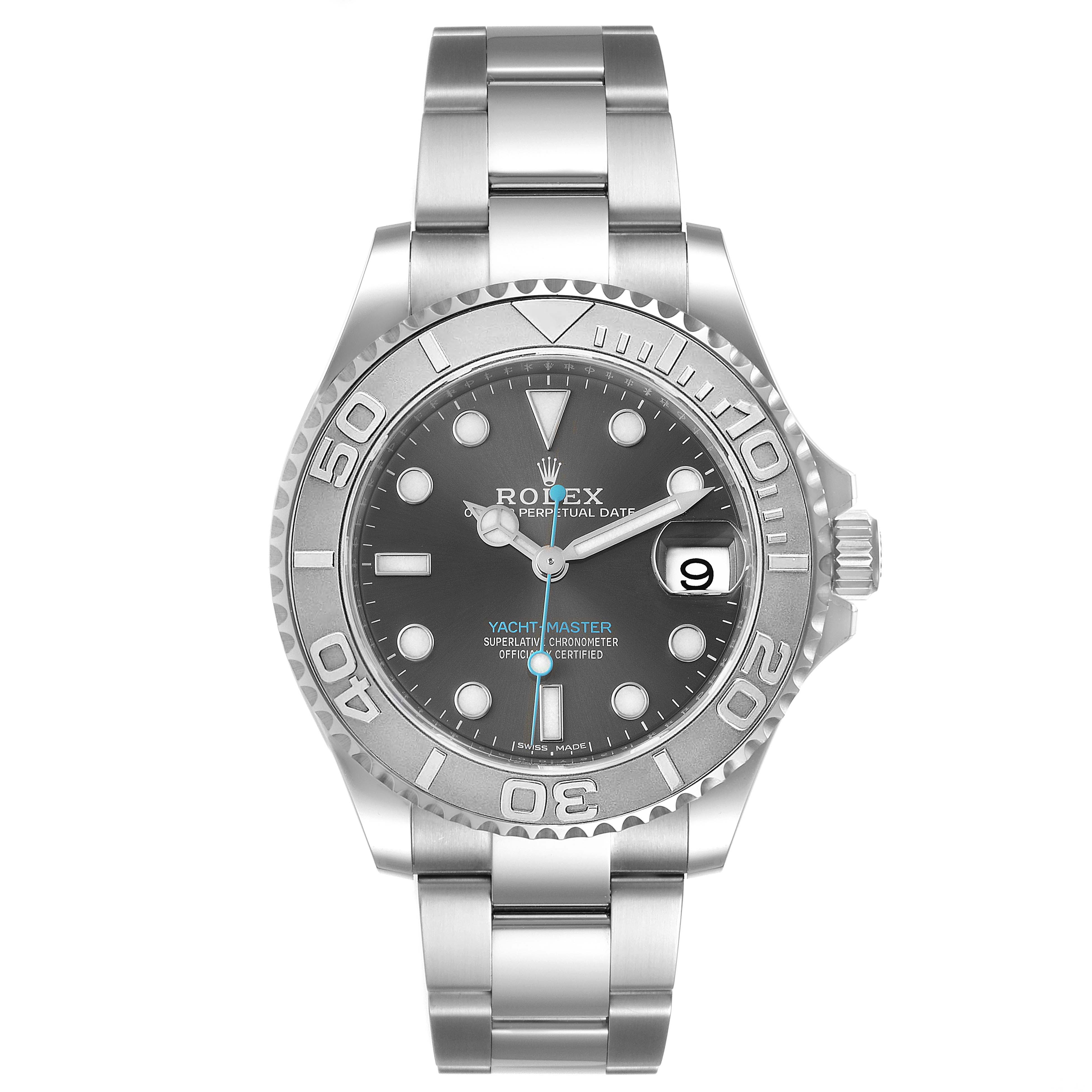 The Rolex Yacht-Master 268622 Men
s Stainless Steel Grey Dial 268622 Men
s Stainless Steel Grey Dial watch is displayed straight-on, showing the dial, bracelet, and crown.