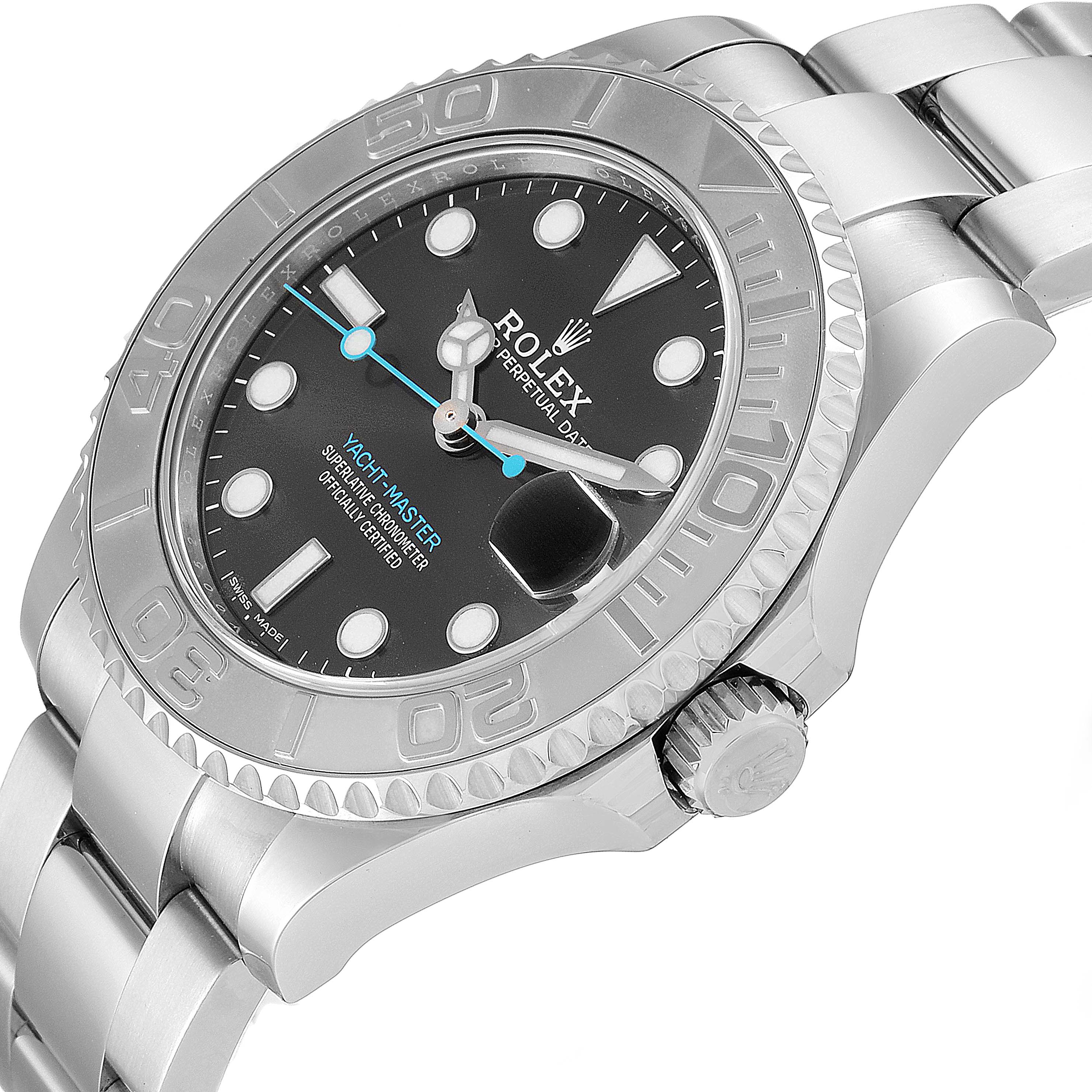 The Rolex Yacht-Master 268622 Men
s Stainless Steel Grey Dial 268622 Men
s Stainless Steel Grey Dial watch is shown from a three-quarter angle, highlighting its bezel, dial, and part of the bracelet.