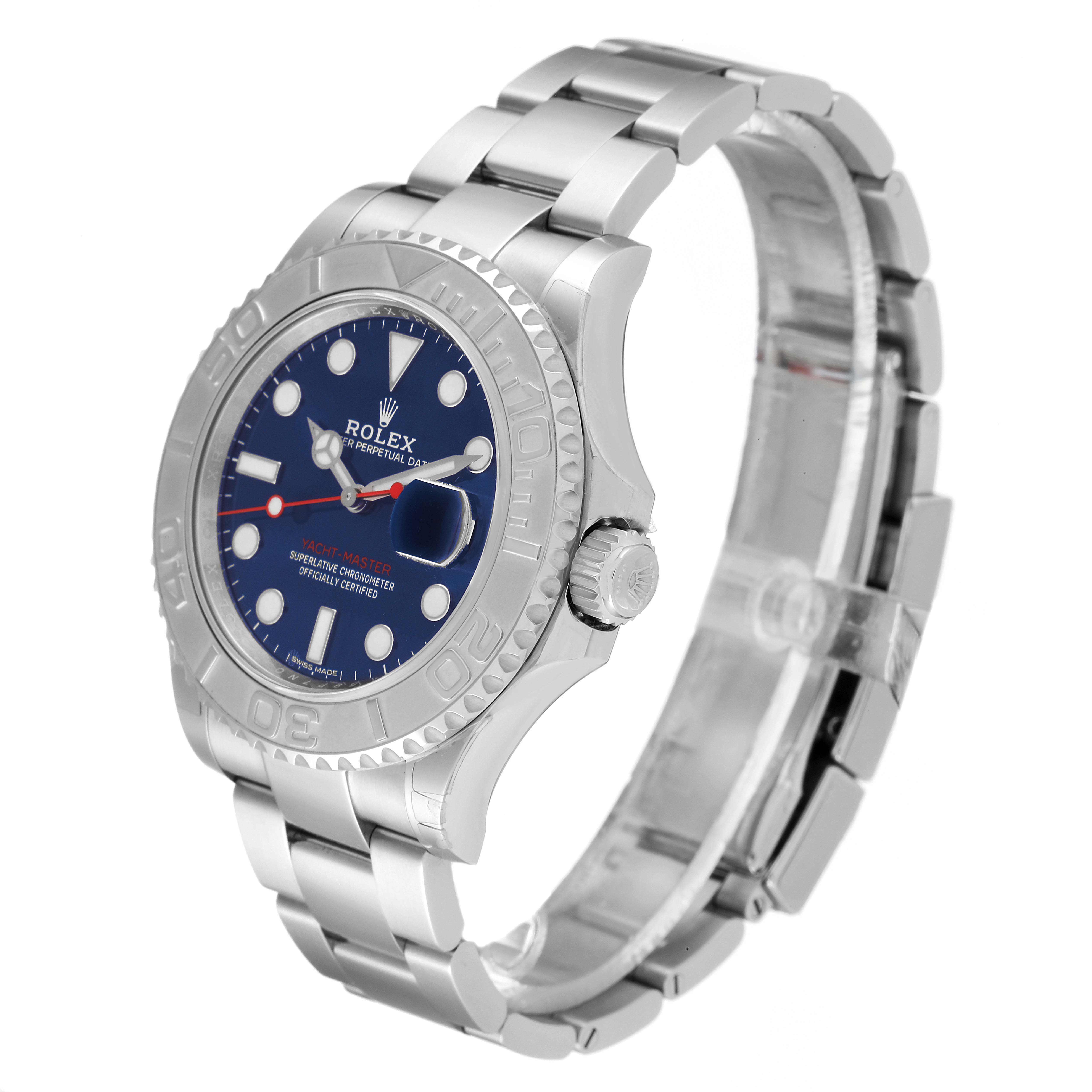 The Rolex Yacht-Master 116622 Men's Stainless Steel Blue Dial 116622 Men's Stainless Steel Blue Dial watch is shown at a slight angle, displaying the face, bezel, and part of the bracelet.
