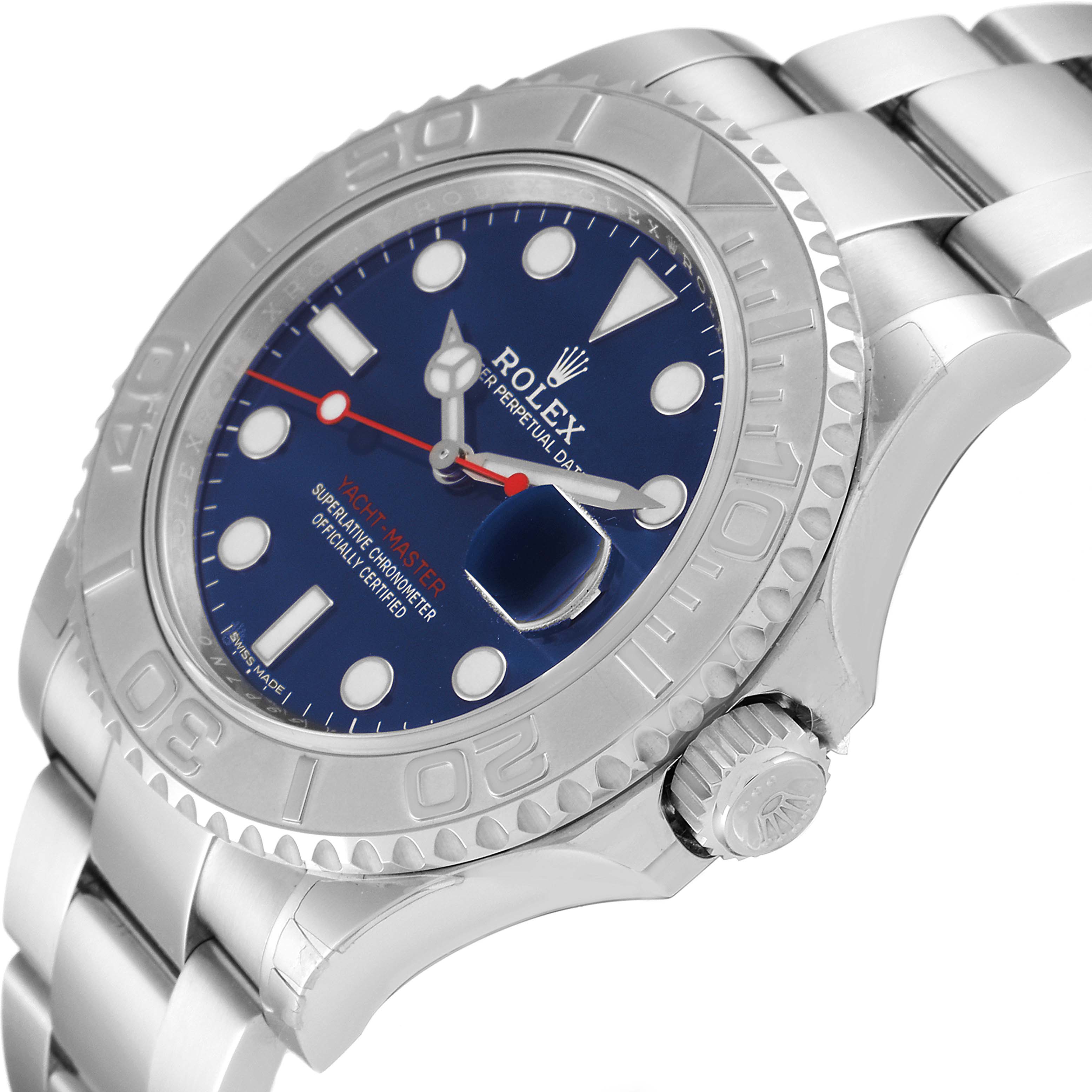 The Rolex Yacht-Master 116622 Men's Stainless Steel Blue Dial 116622 Men's Stainless Steel Blue Dial watch is shown at an angle highlighting the dial, bezel, crown, and bracelet.