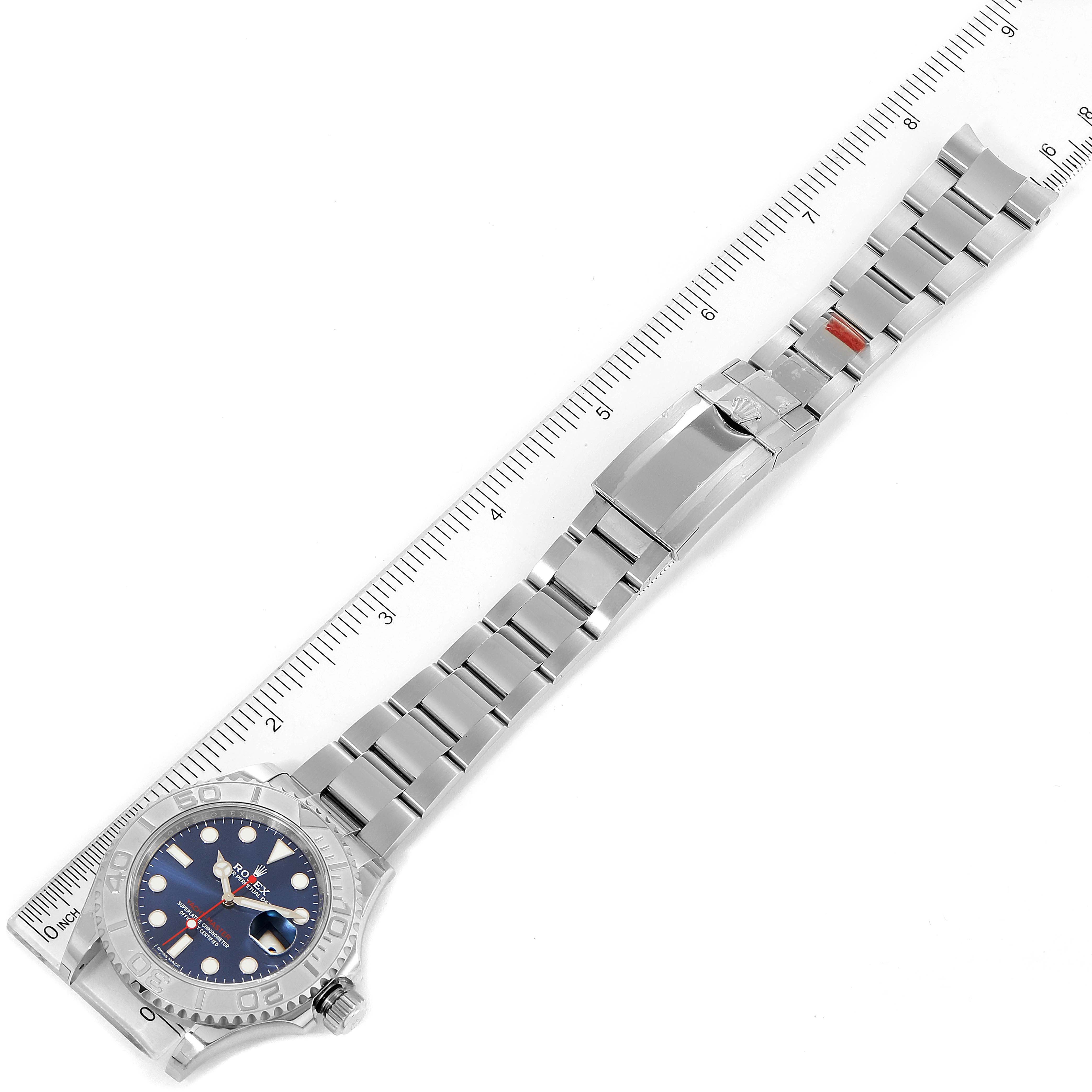 The image shows a top-down view of a Rolex Yacht-Master 116622 Men's Stainless Steel Blue Dial 116622 Men's Stainless Steel Blue Dial watch, including its face, bezel, and complete metal bracelet.