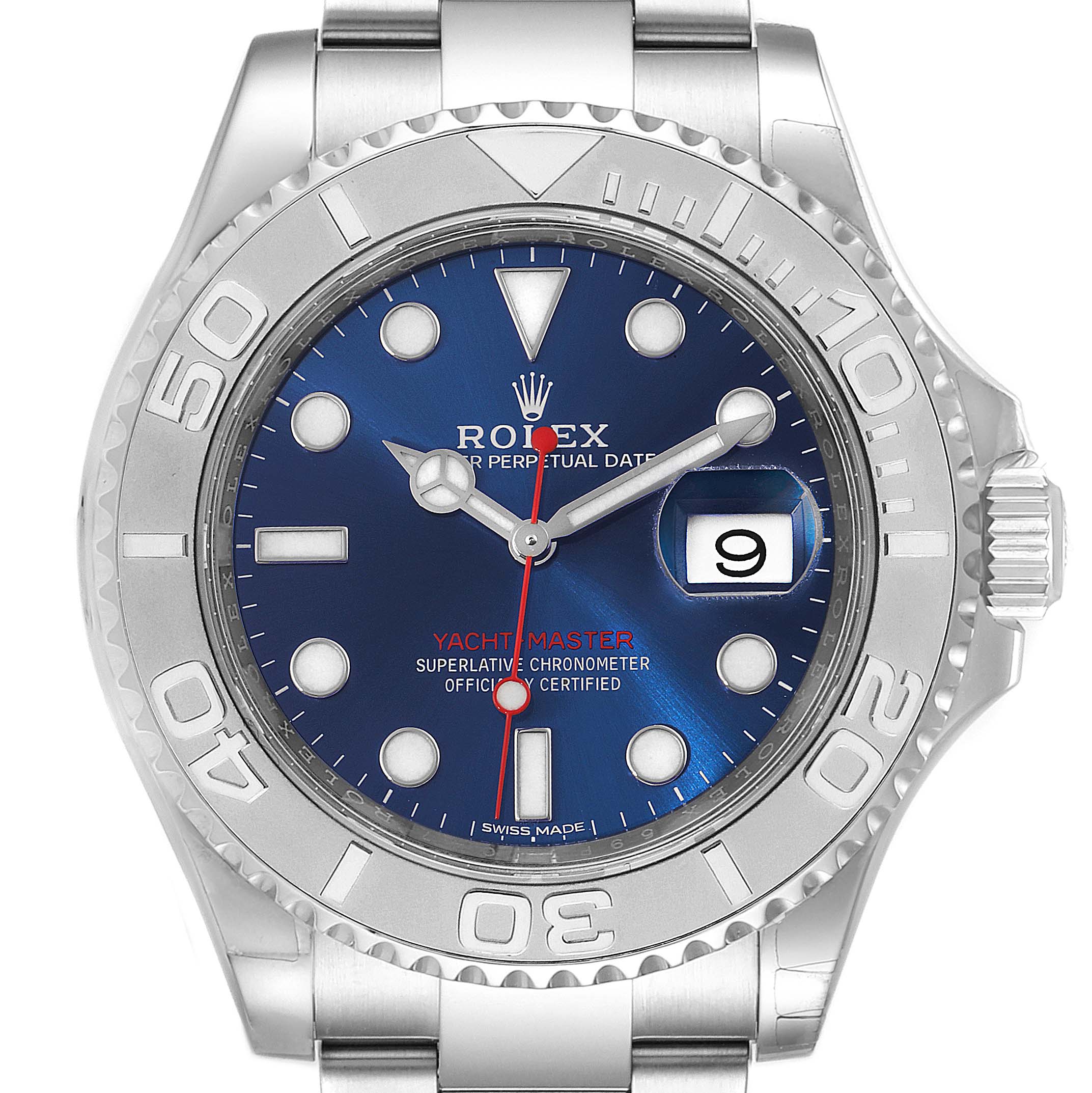 The image shows a front view of the Rolex Yacht-Master 116622 Men's Stainless Steel Blue Dial 116622 Men's Stainless Steel Blue Dial watch, highlighting the face, case, and bracelet.