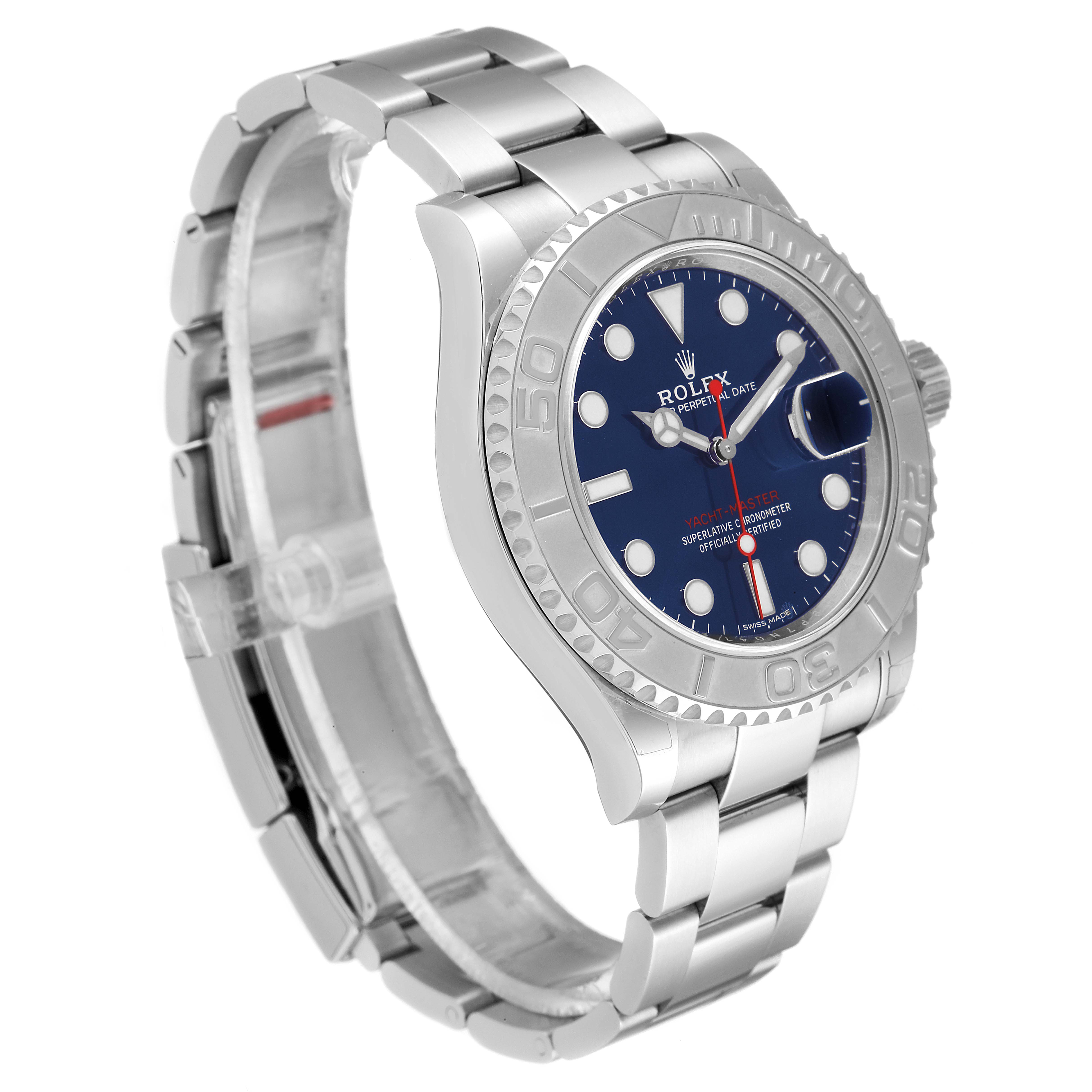 The image shows a three-quarter angle of the Rolex Yacht-Master 116622 Men's Stainless Steel Blue Dial 116622 Men's Stainless Steel Blue Dial watch, highlighting its bezel, dial, case, and bracelet.