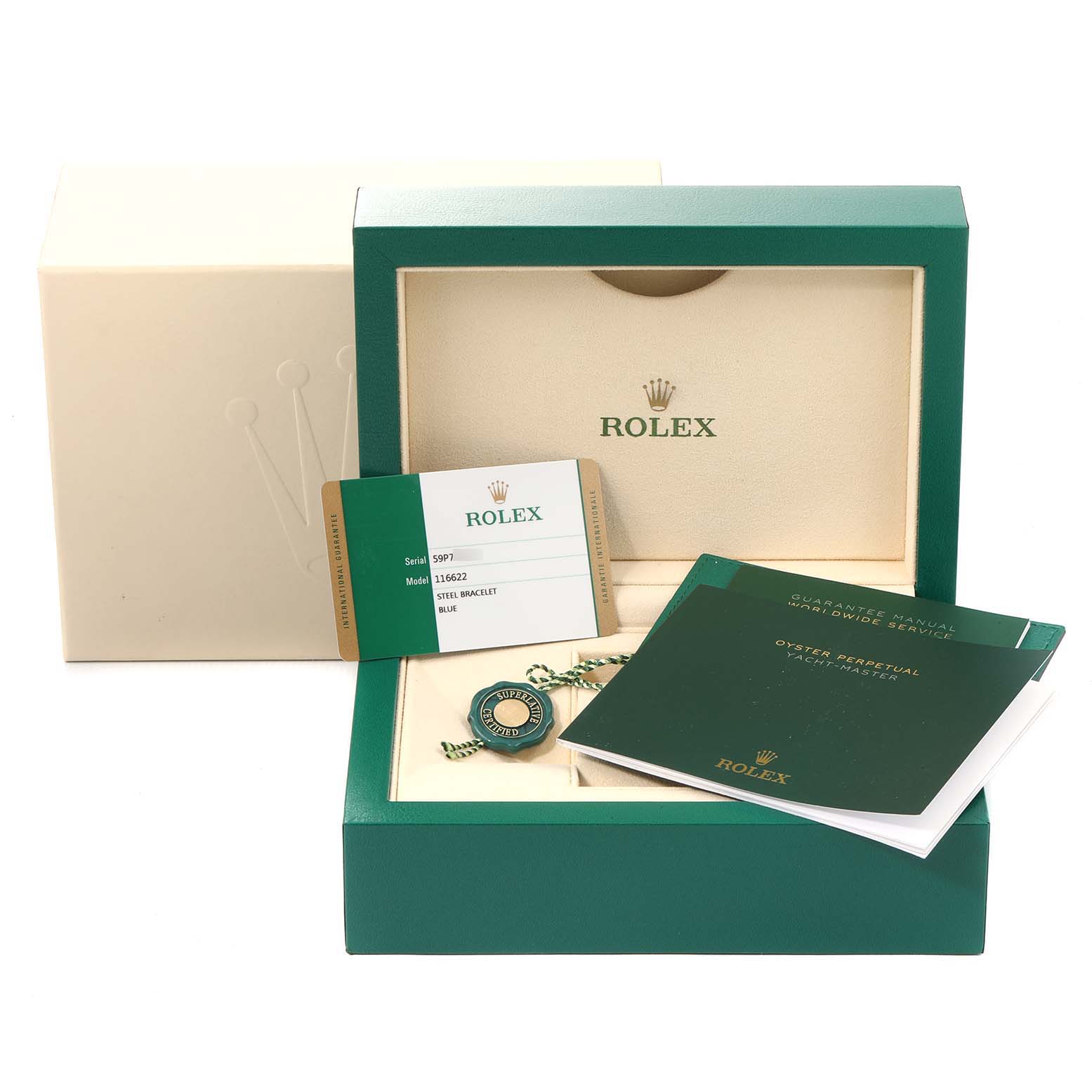 The image shows the packaging, guarantee manual, and card for a Rolex Yacht-Master 116622 Men's Stainless Steel Blue Dial 116622 Men's Stainless Steel Blue Dial model.