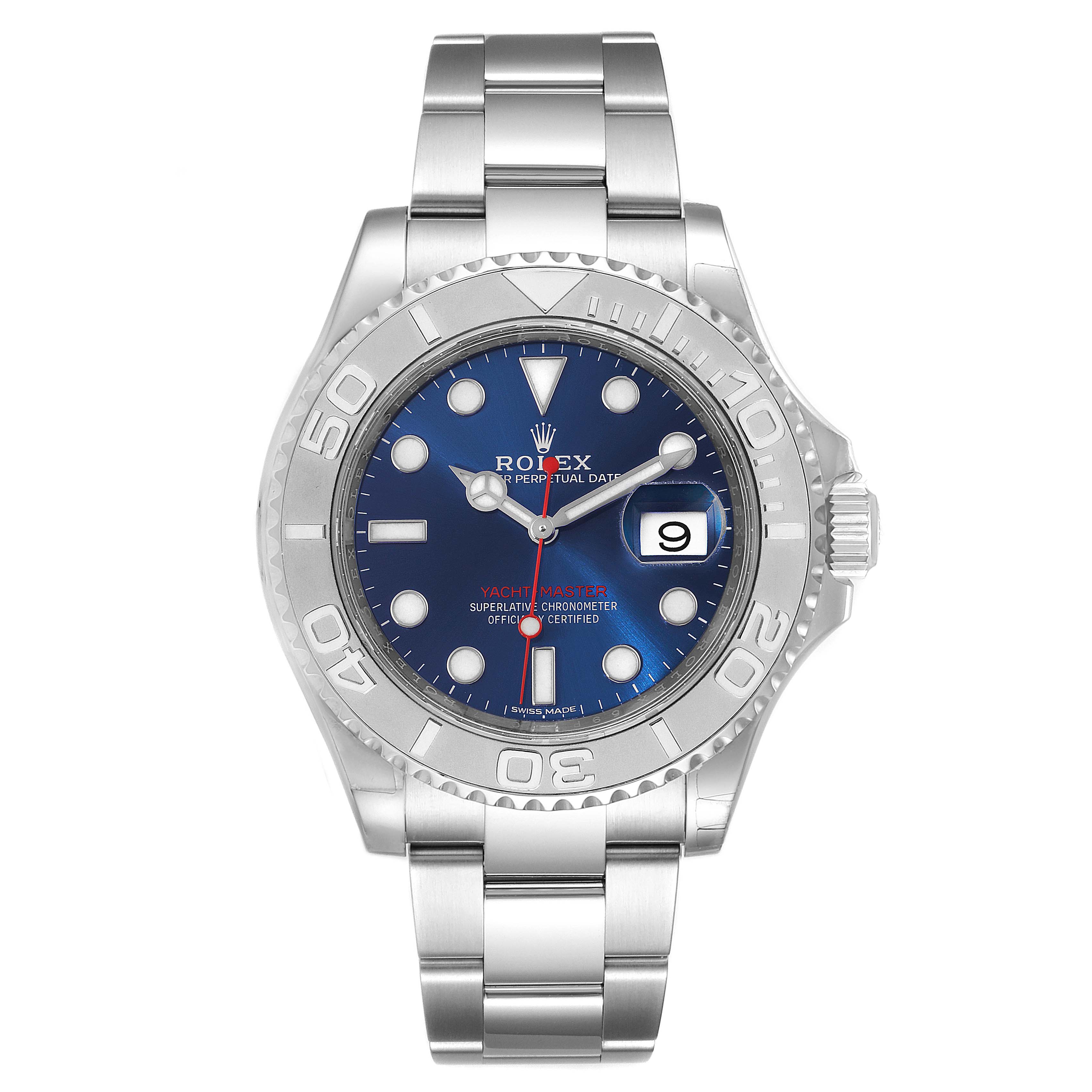 This image shows a front view of the Rolex Yacht-Master 116622 Men's Stainless Steel Blue Dial 116622 Men's Stainless Steel Blue Dial watch displaying the dial, bezel, and bracelet.