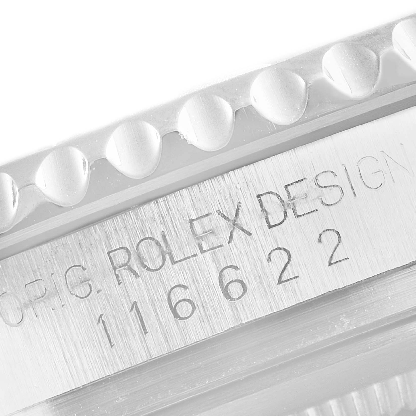 The image shows a close-up of the engraved model number and bezel of the Rolex Yacht-Master 116622 Men's Stainless Steel Blue Dial 116622 Men's Stainless Steel Blue Dial watch.