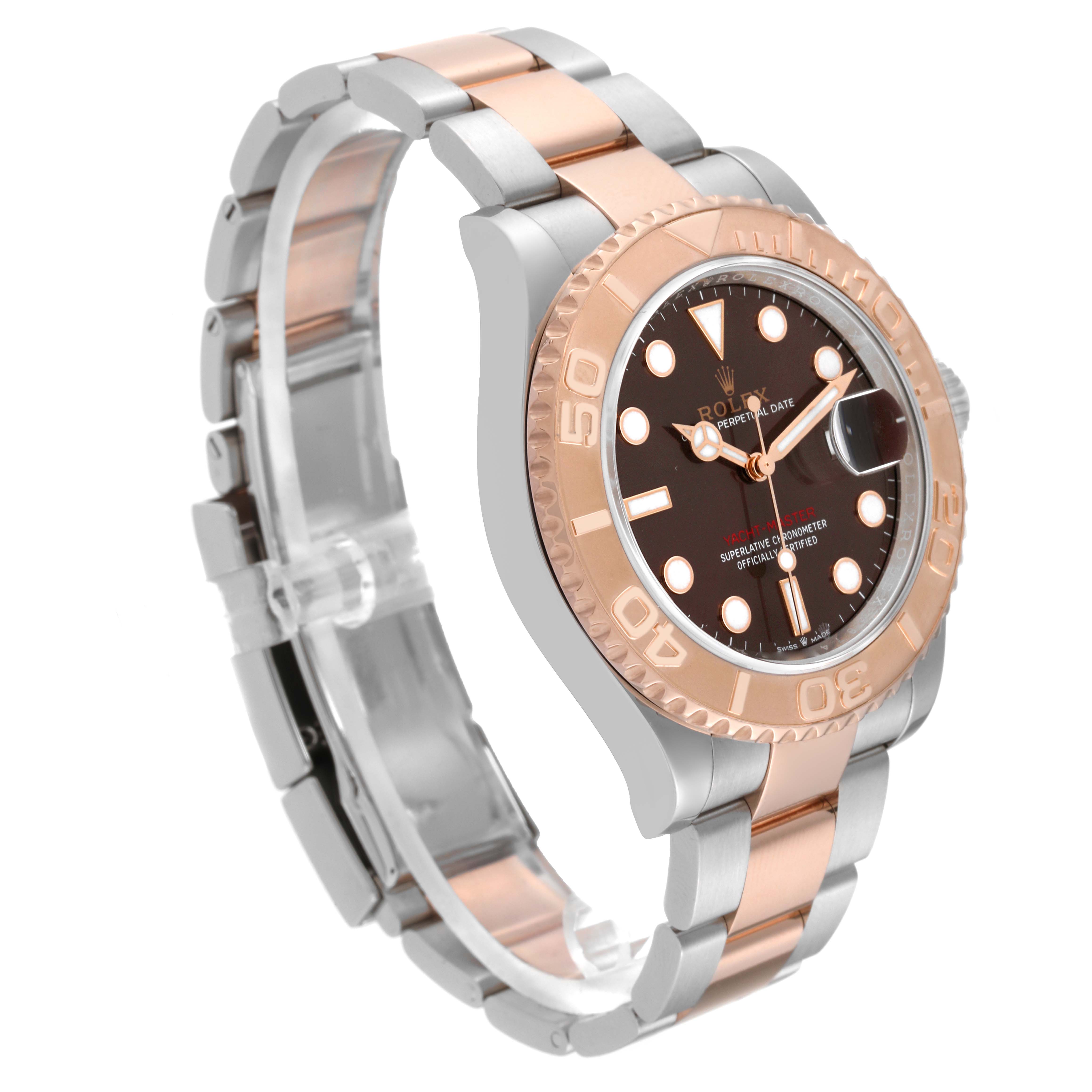 The Rolex Yacht-Master 126621 Men's Steel and Gold (two tone) Brown Dial 126621 Men's Steel and Gold (two tone) Brown Dial model is shown at an angle displaying the face, bezel, and part of the bracelet.