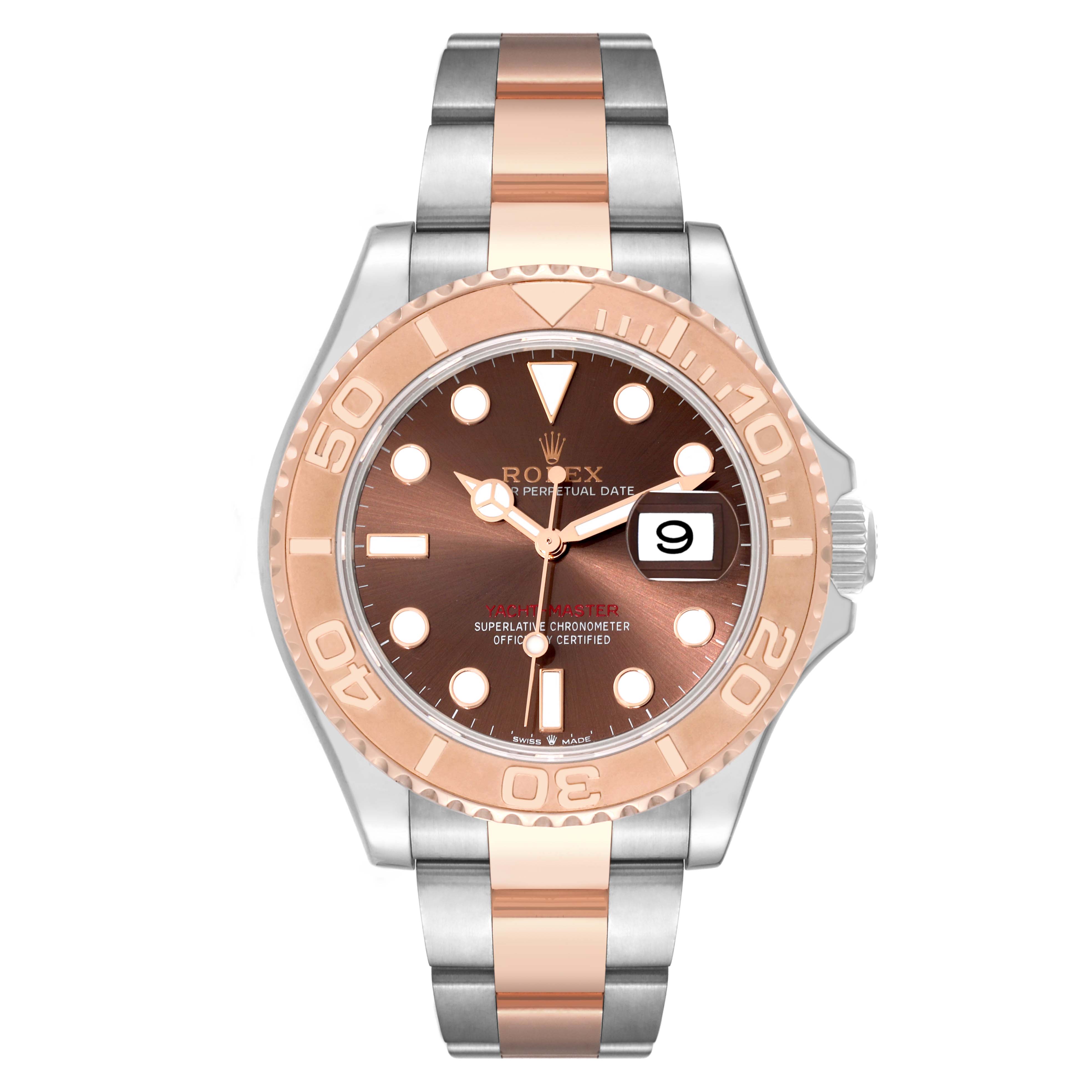 This image shows a frontal view of the Rolex Yacht-Master 126621 Men's Steel and Gold (two tone) Brown Dial 126621 Men's Steel and Gold (two tone) Brown Dial watch, highlighting its dial, bezel, and two-tone bracelet.