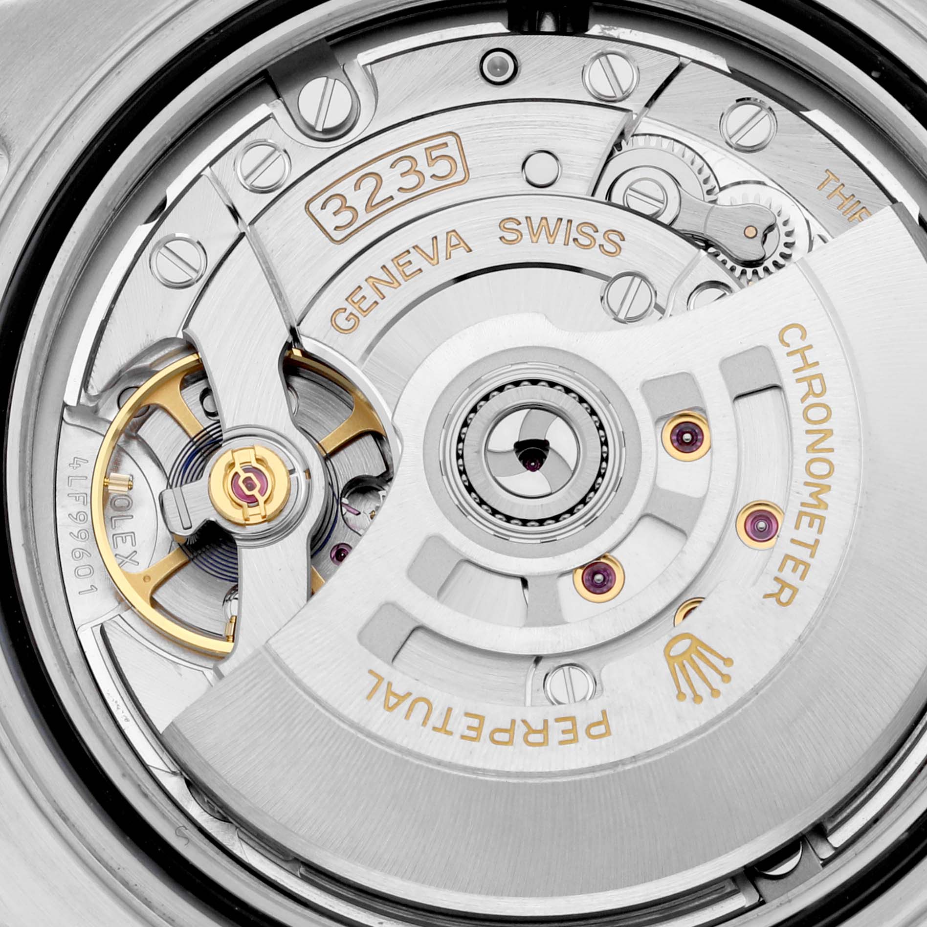 The image shows the intricate inner mechanism, specifically the movement, of a Rolex Yacht-Master 126621 Men's Steel and Gold (two tone) Brown Dial 126621 Men's Steel and Gold (two tone) Brown Dial watch, including the 3235 model number.