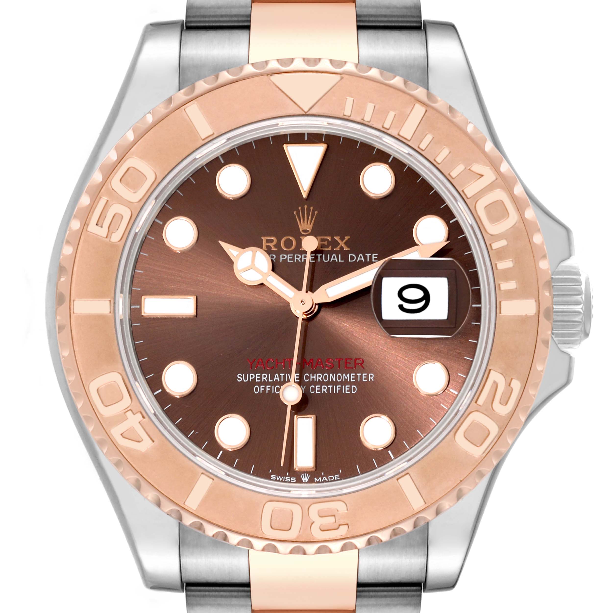 This image shows a front view of the Rolex Yacht-Master 126621 Men's Steel and Gold (two tone) Brown Dial 126621 Men's Steel and Gold (two tone) Brown Dial watch, highlighting the dial, bezel, and part of the band.